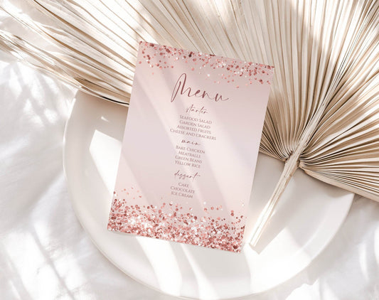 Rose Gold Glitter Menu Template | Editable Printable Dinner Menu Card | Birthday or Wedding Menu | Modern Digital Design | Instant Download