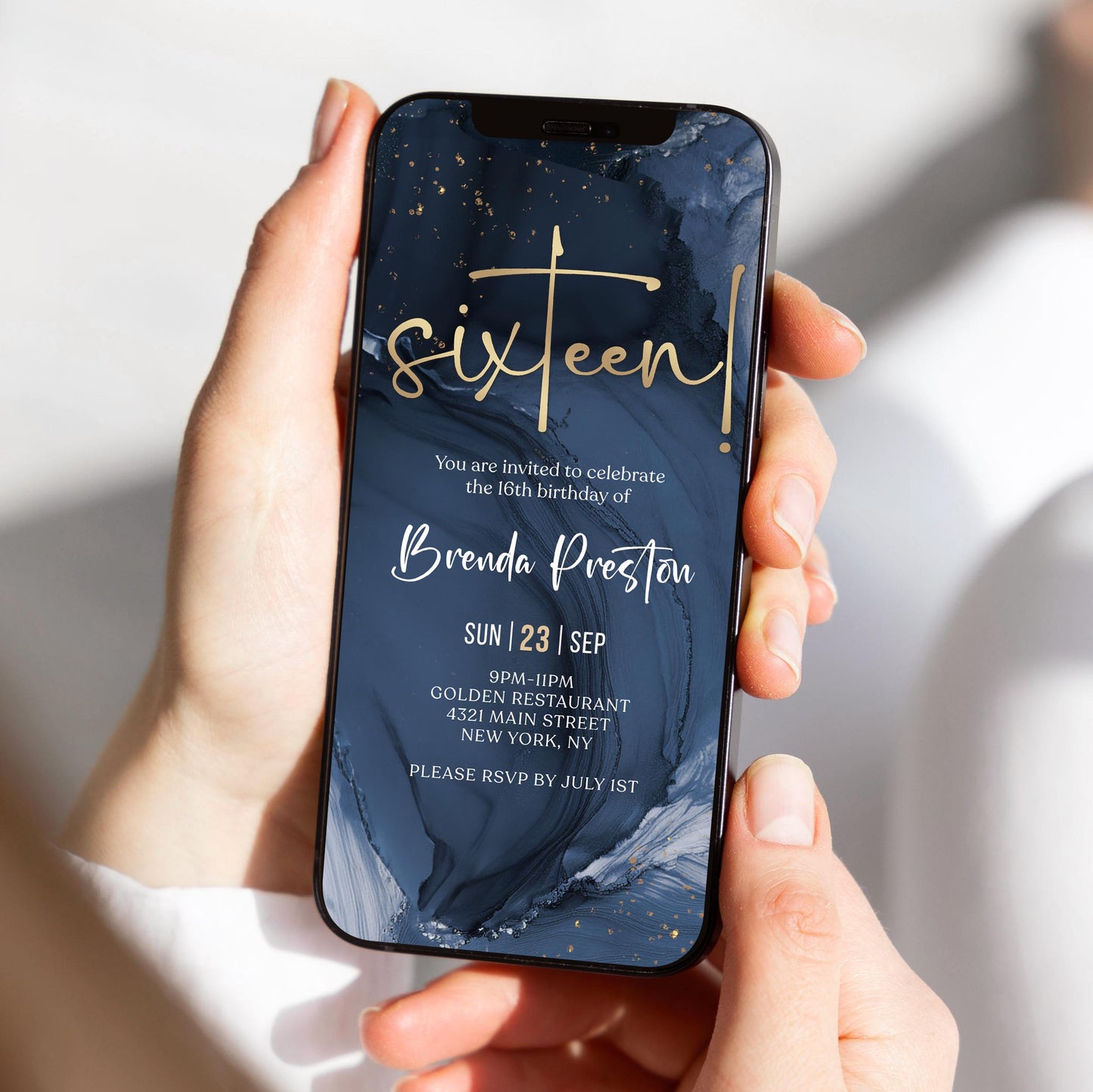 16th Birthday Invitation Template - Digital Download | Blue Navy Gold | Instant Access