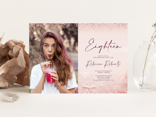 Eighteen Rose Gold Glitter Photo Birthday Invitation, 18th Girl Party Editable Template, 5x7, Printable Digital Invitation, Instant Download