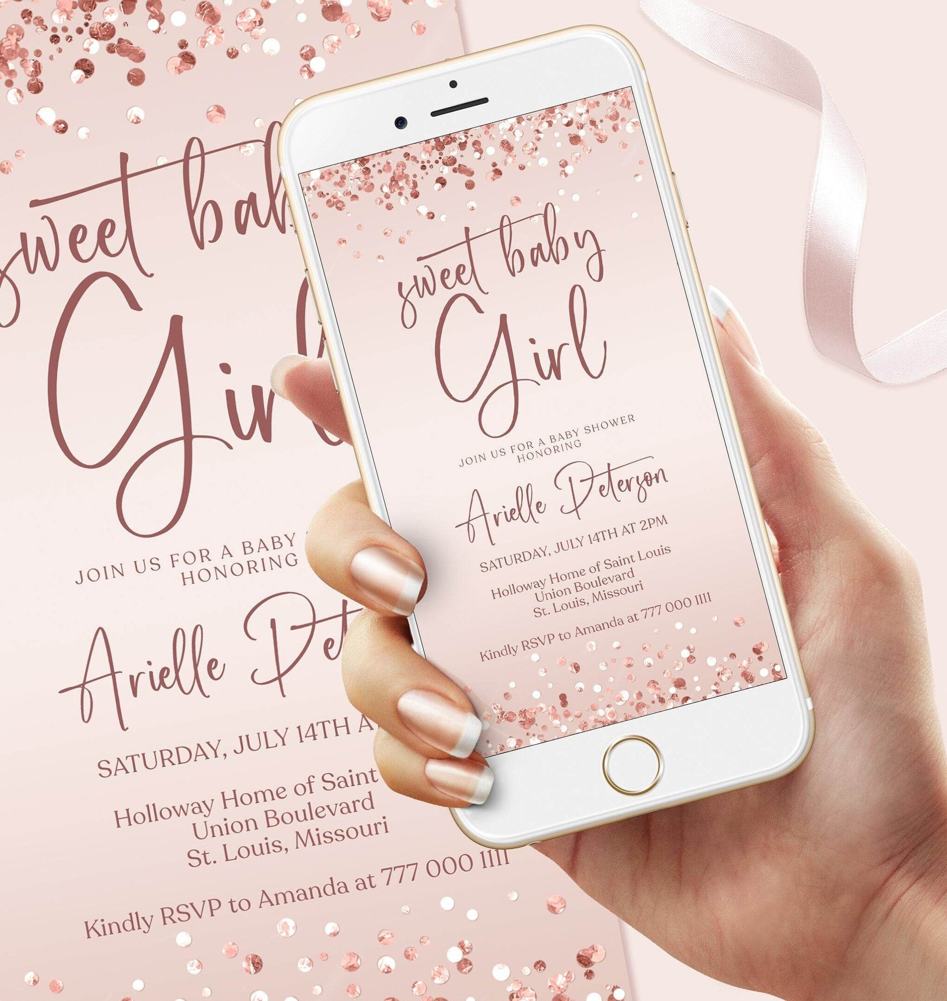 Digital Baby Shower text message invitation template, Rose Gold Baby Shower Editable Invite, Electronic invitation, Girl Mobile Phone Evite