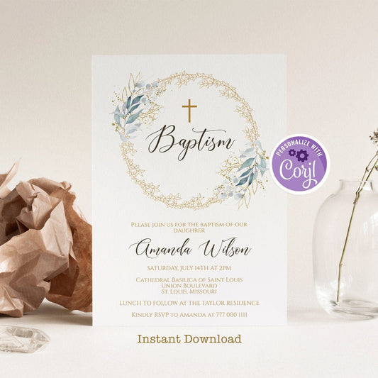 Editable Gold Greenery Bohemian Baptism Invite, Baptism Geometric Eucalyptus invitation Template, Printable Christening, Instant download