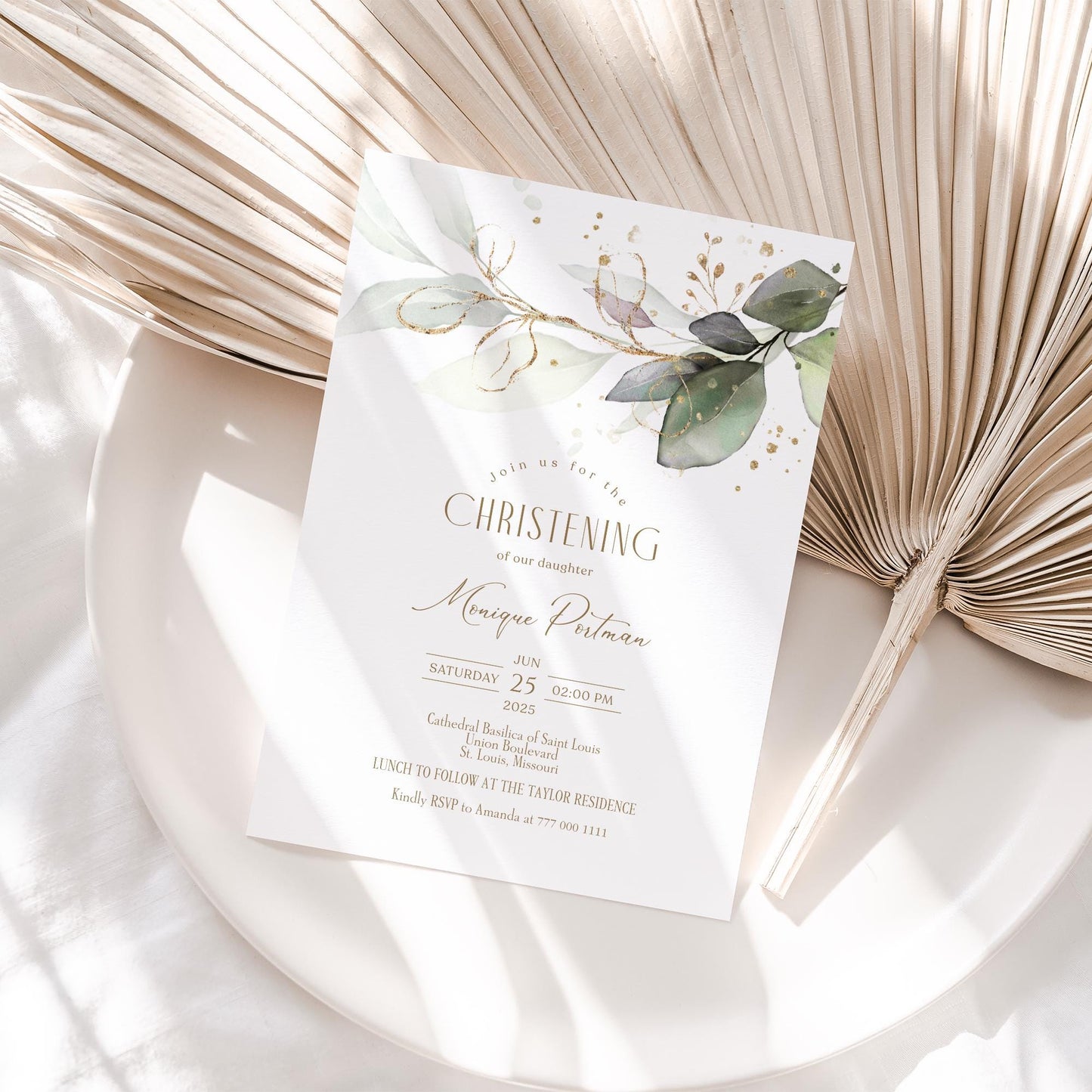 Printable Christening Invitation Card Template, Editable Greenery Eucalyptus Invite, Boy Girl Baptism Invitation, Digital Instant Download