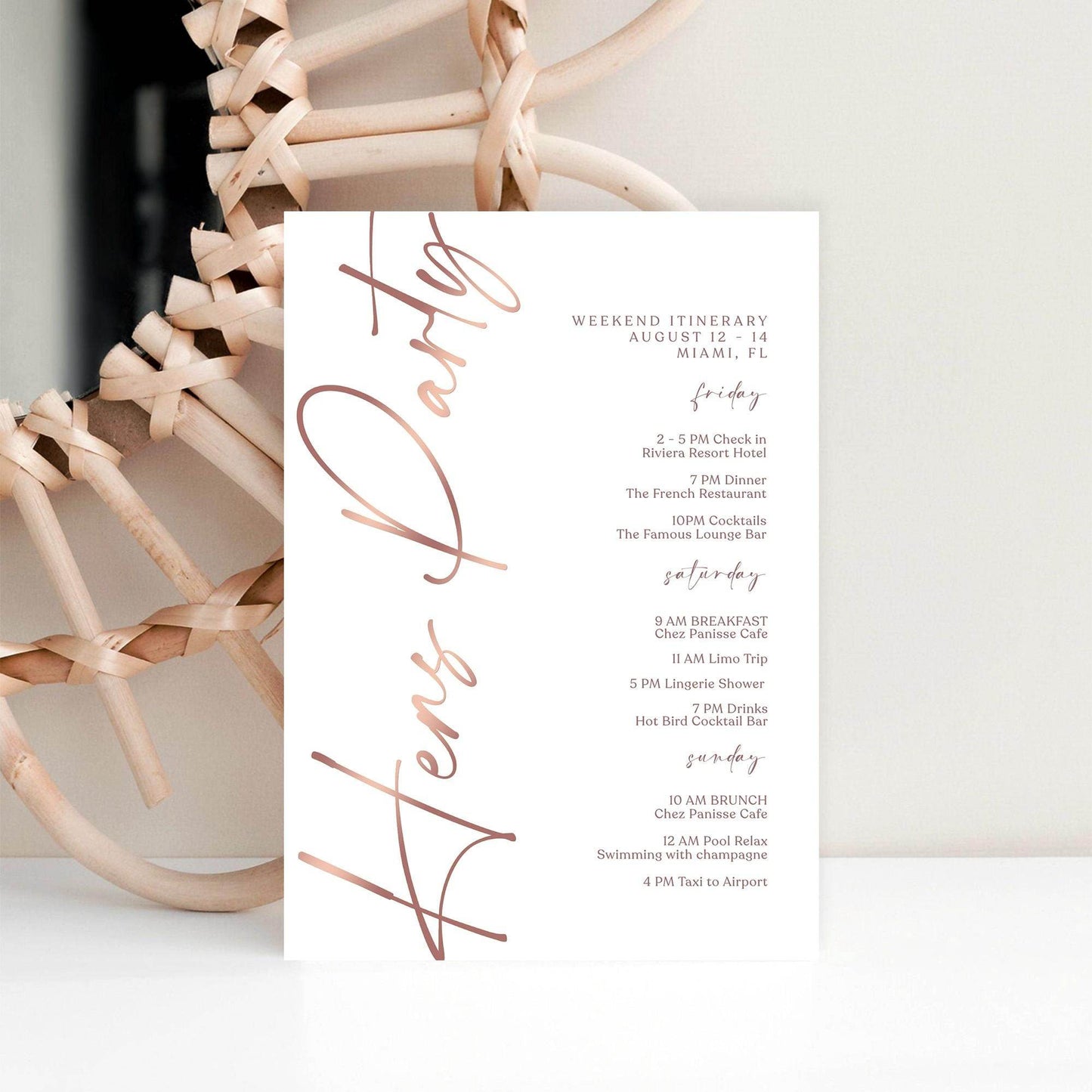 Editable Rose Gold Hens Party Weekend Itinerary Template – Printable Bachelorette Weekend Details Card | Digital Itinerary | Instant Download