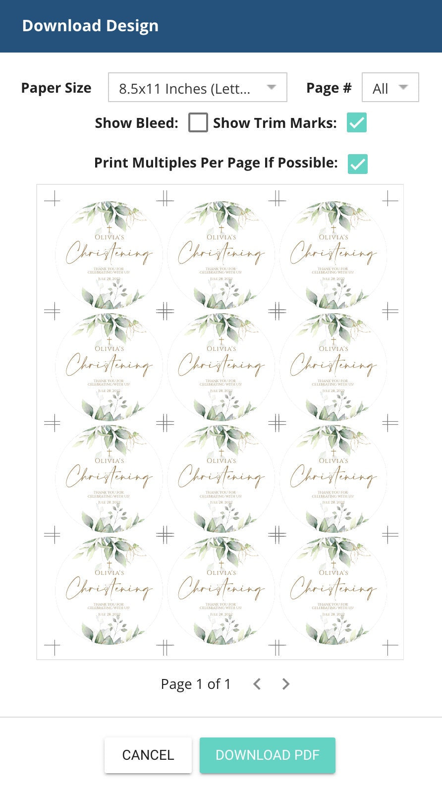 Round Christening Thank You Tag Template, Christening Favor Tag Eucalyptus Gold Leaves, Baptism, Boy Girl Round Tag, DIY Favor Tag Template