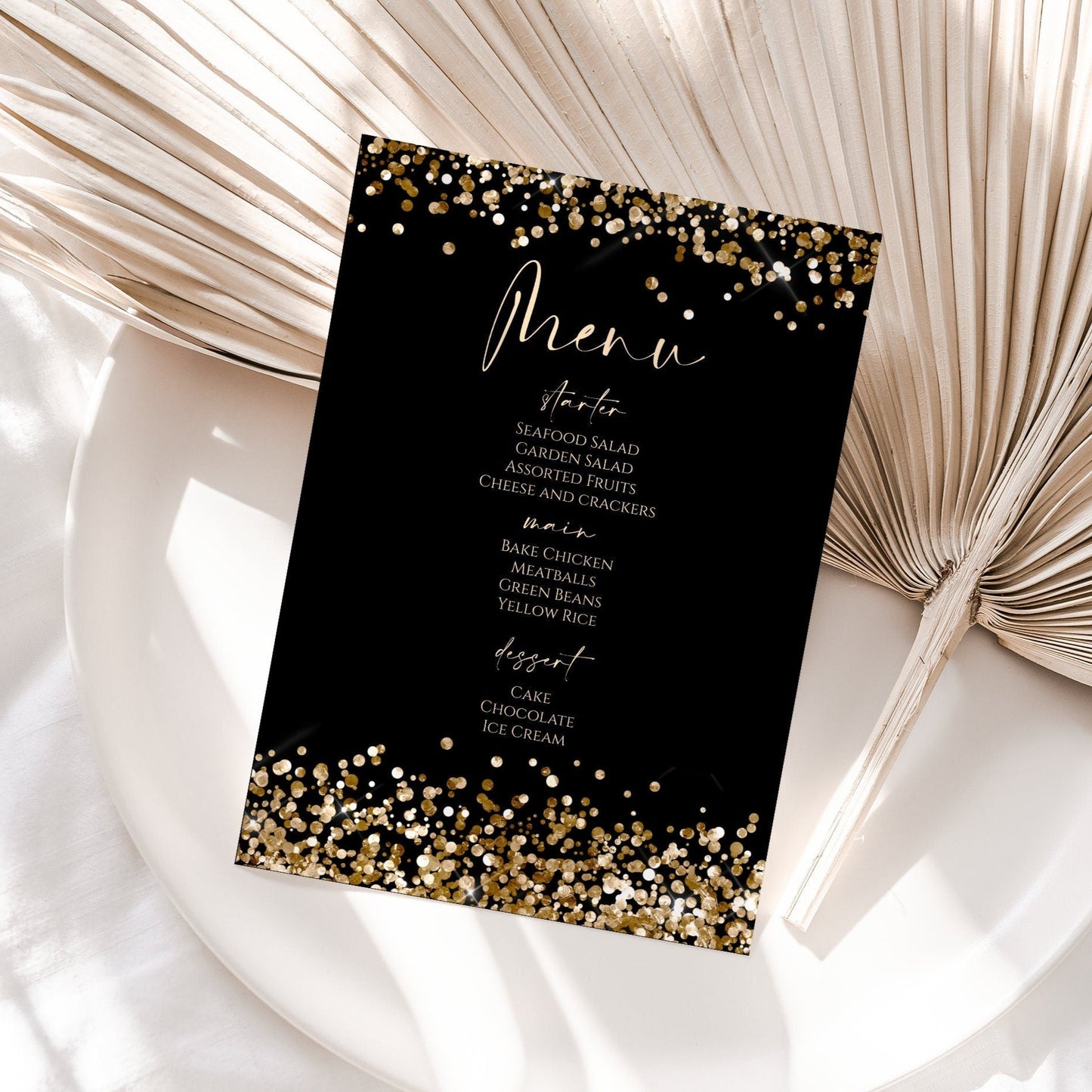 Black Gold Confetti Menu Template, Printable Birthday Menu Card, Editable DIY Dinner Menu, Modern Anniversary Menu, Digital Menu Download