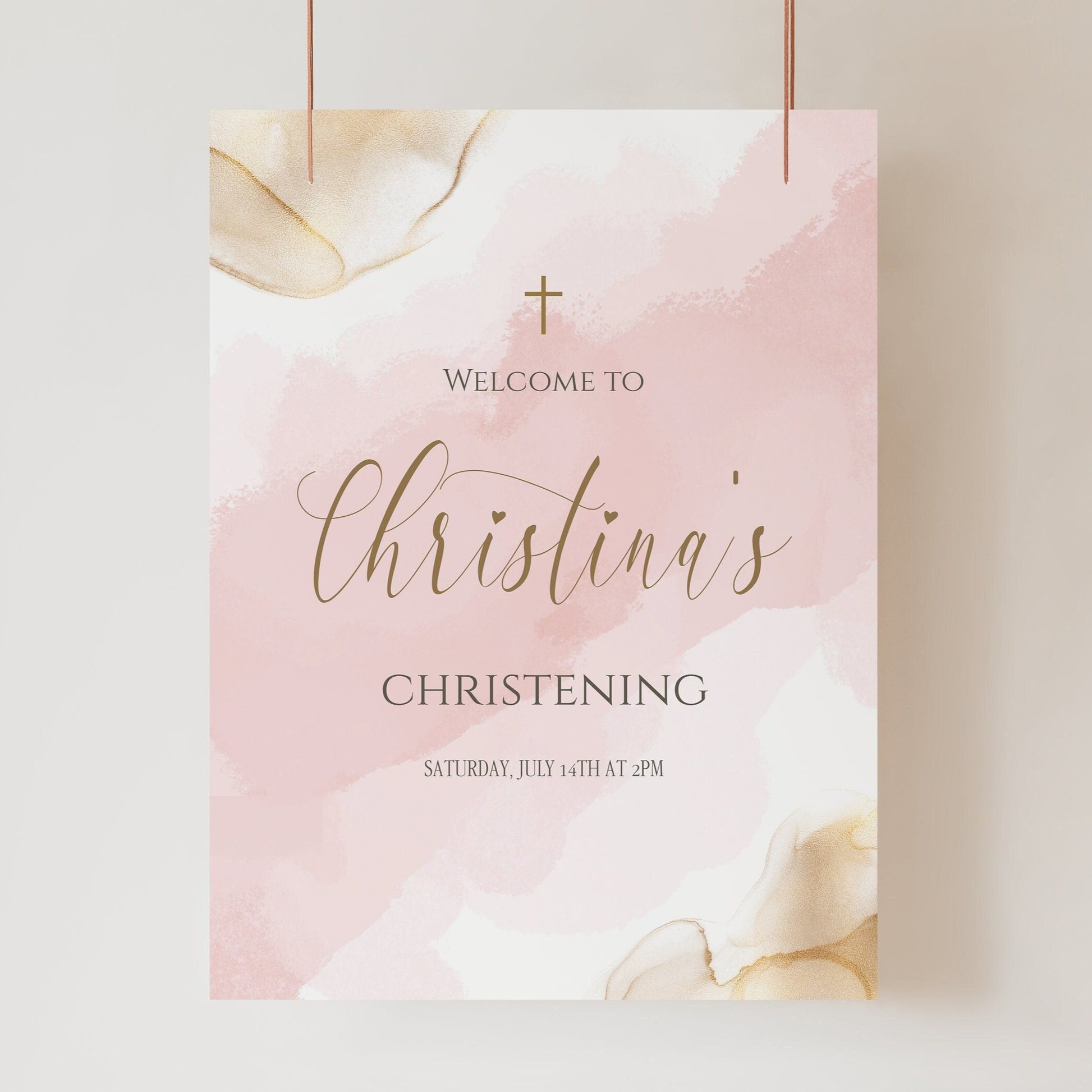 Girl Christening Welcome Sign Template, Printable Baptism Welcome Sign, Pink Gold Christening Welcome Sign, Editable Welcome Sign Poster