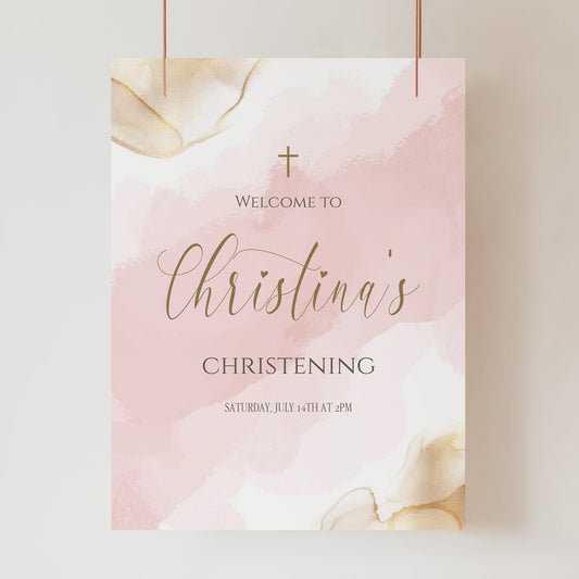 Girl Christening Welcome Sign Template, Printable Baptism Welcome Sign, Pink Gold Christening Welcome Sign, Editable Welcome Sign Poster