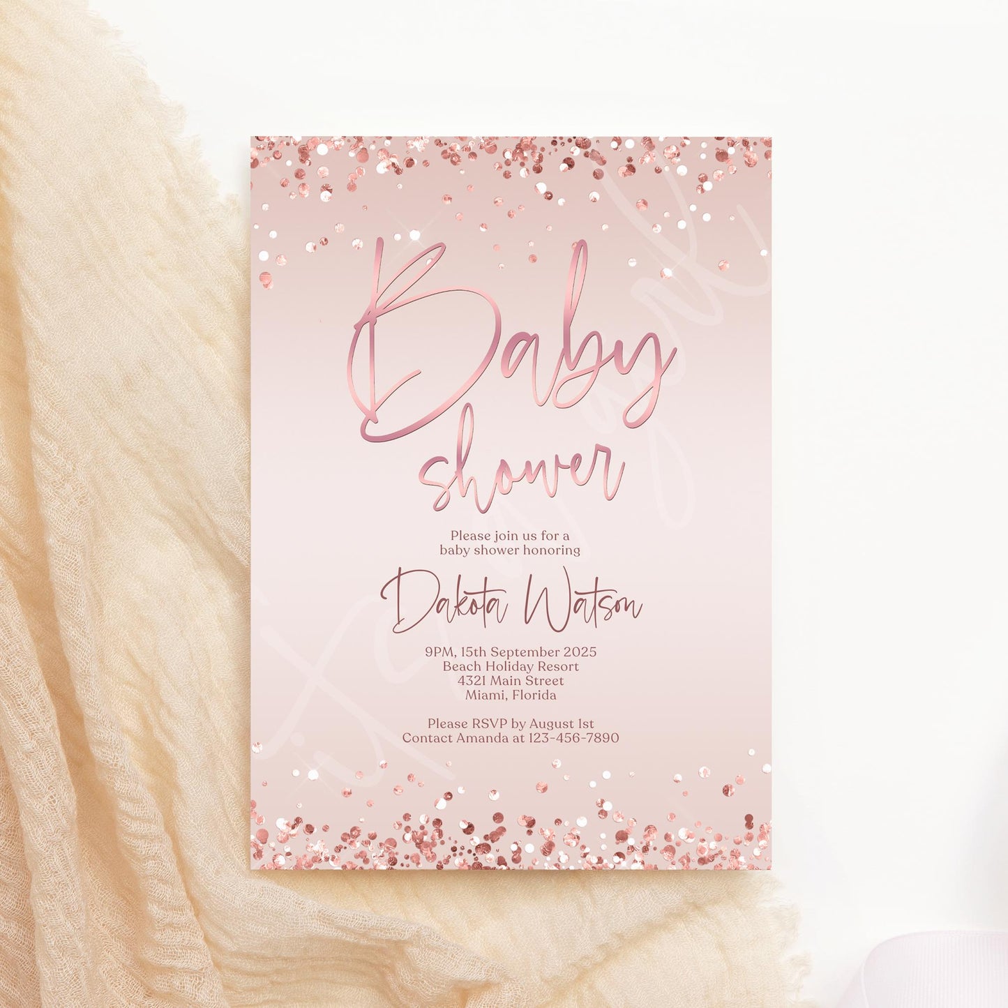 Printable Girl Baby Shower Invitation Template, Pink Rose Gold Confetti Baby Shower Invite, Editable Invitation, Digital Baby Shower Evite