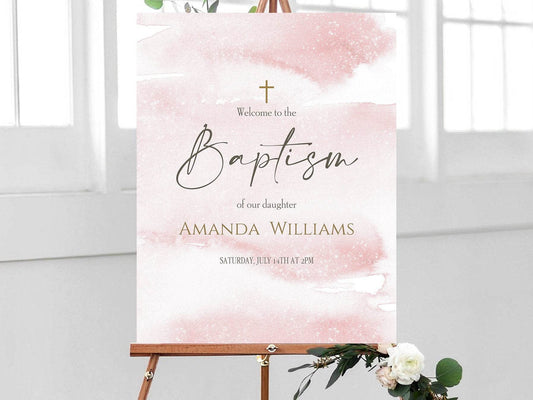 Girl Baptism Welcome Sign Template | Pink Watercolor Christening Sign | Editable Pink & Gold Printable Welcome Poster | Instant Digital Download