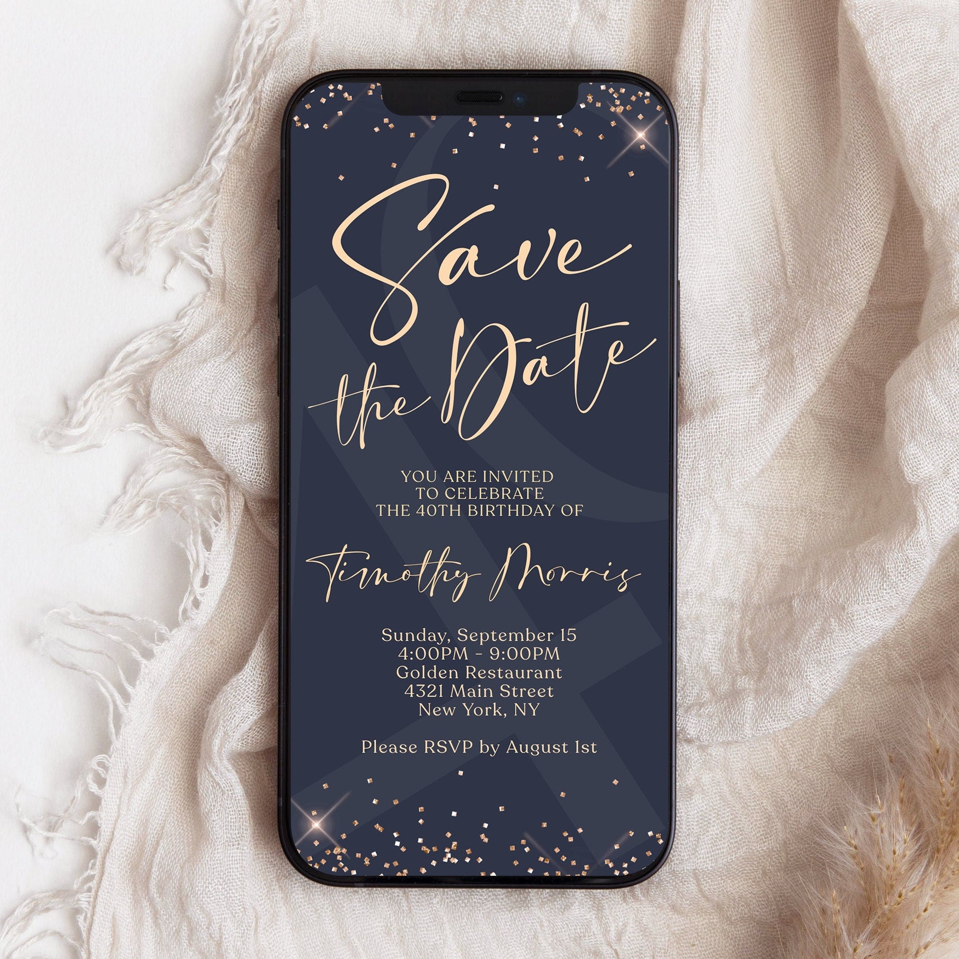 Navy Gold 40th Forty Birthday Digital Invitation Evite, Phone text message invite, Editable Template, Electronic Email DIY Mens Invitation