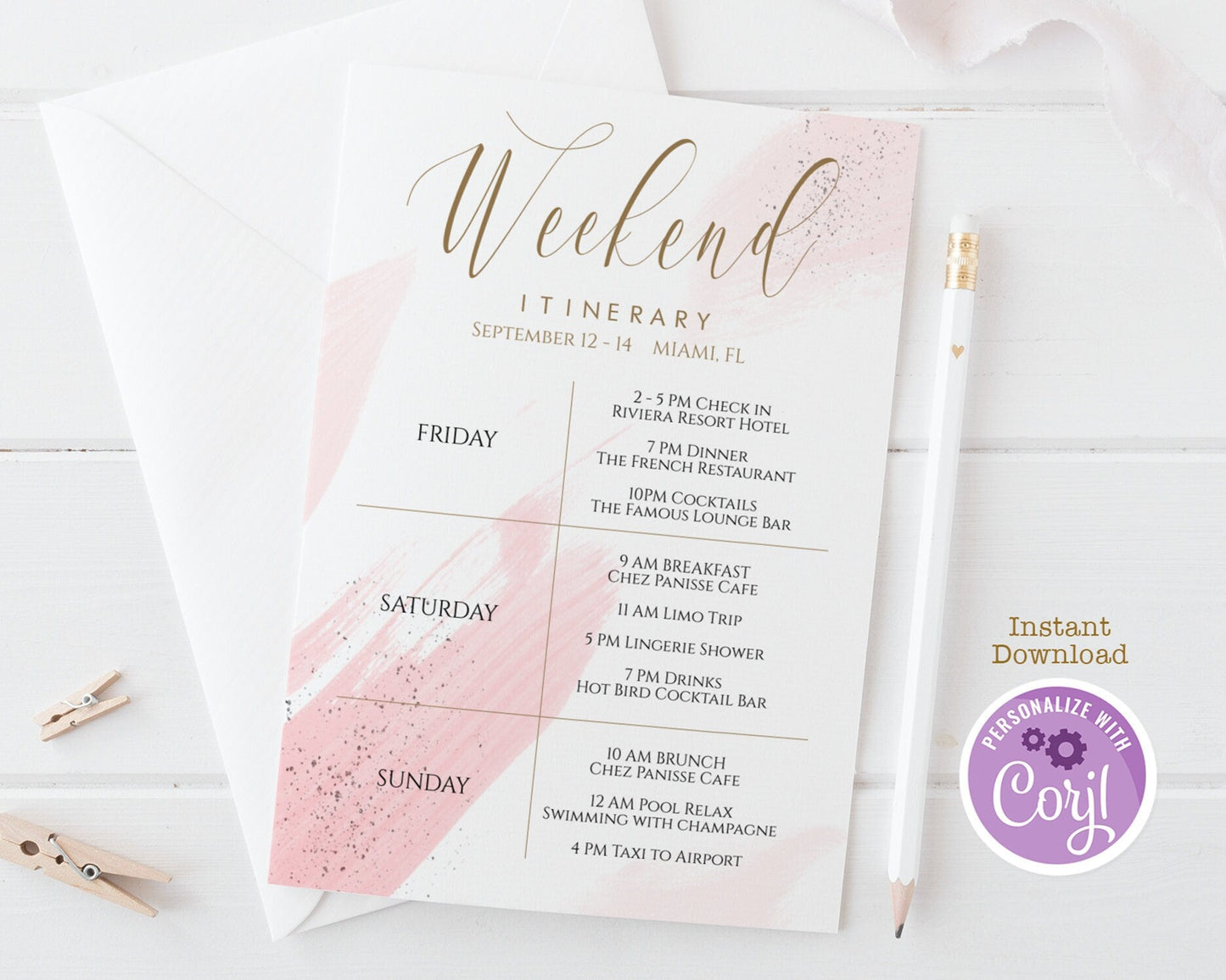 Printable Watercolor Weekend Itinerary - Editable Template for Bachelorette & Birthday Weekends