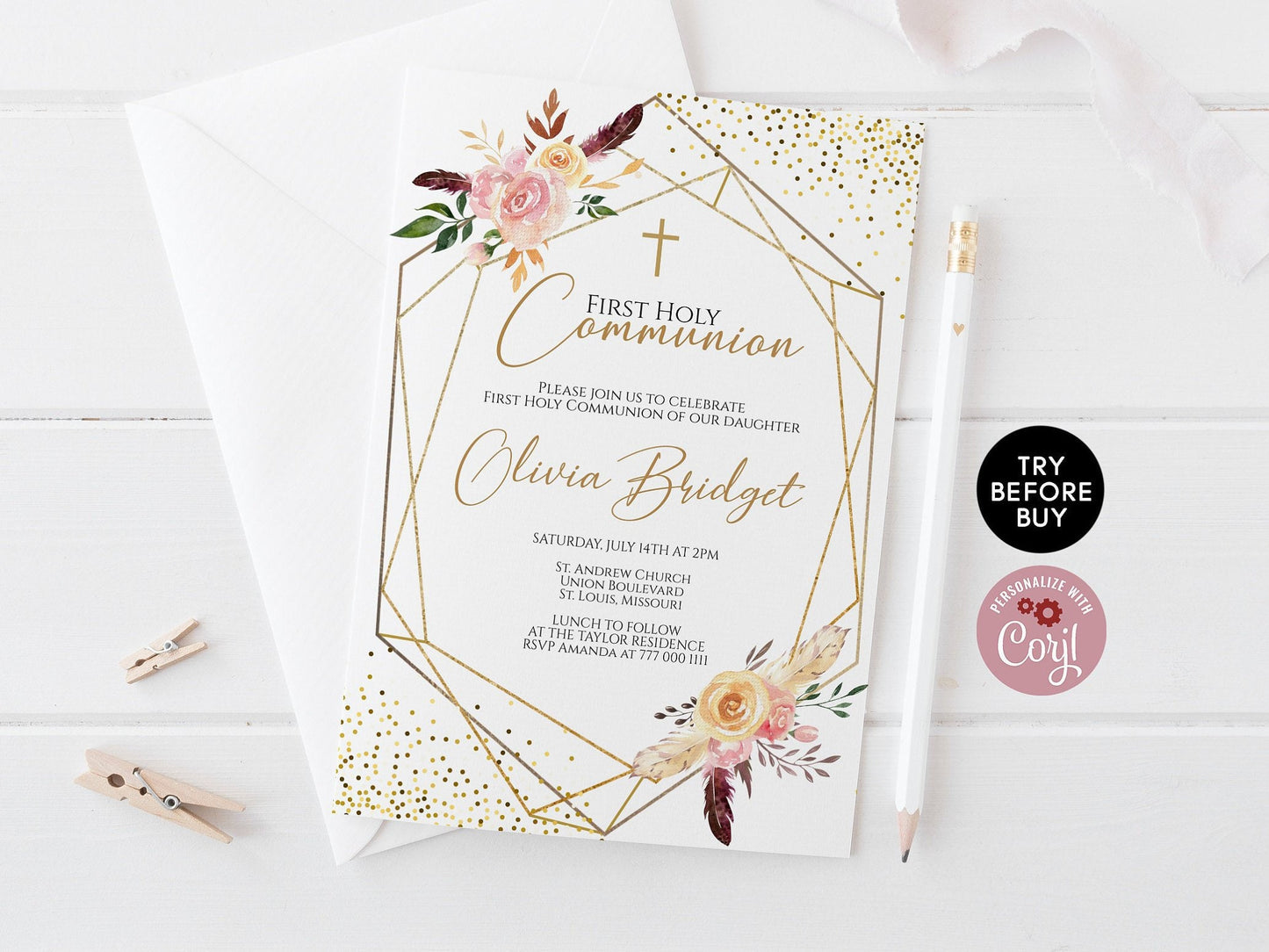 FIRST HOLY Communion Invitation, Baby Girl First Communion Template, Editable Baptism Invite, Baby Christening, Blush Pink Gold Digital File