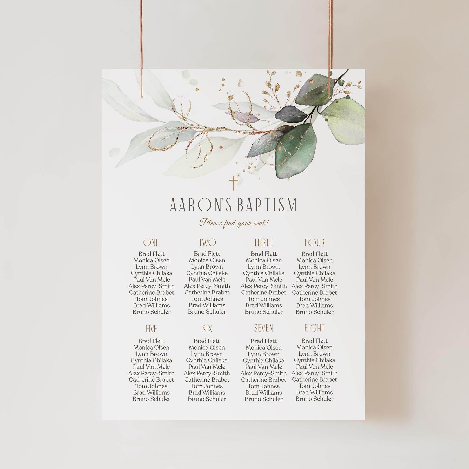 Editable Baptism Seating Chart Template – Elegant Greenery Eucalyptus Seating Plan | Printable Christening Table Sign for Boy or Girl | Instant Download