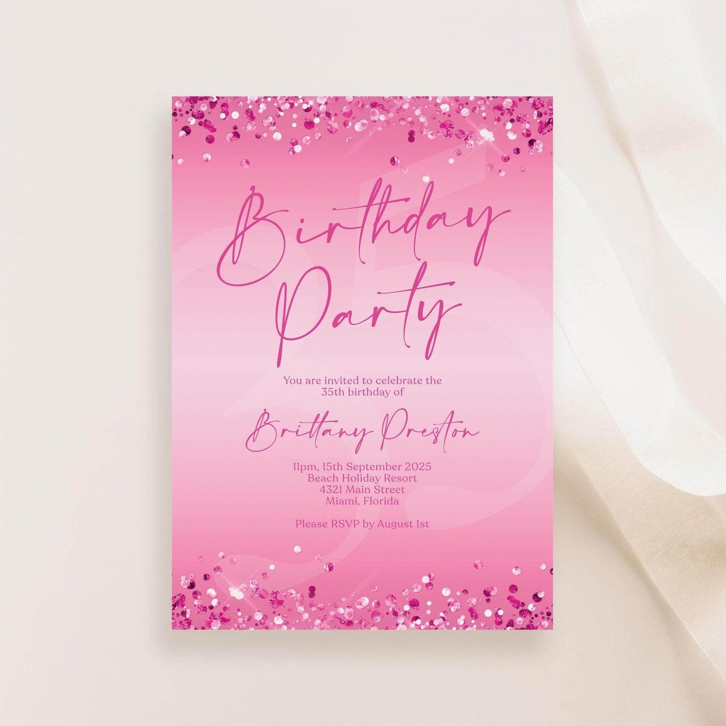 Fuchsia Pink Birthday Party Editable Invitation Template, Printable Birthday Invite, Ladies Email Text Message Invitation, Any Age Birthday