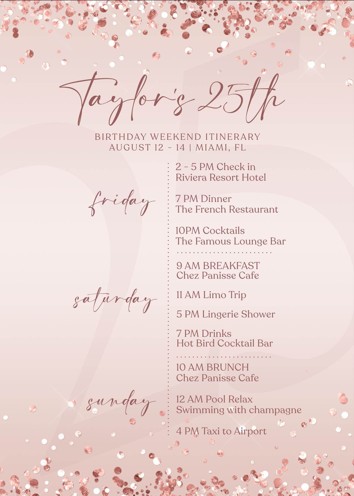 Editable Rose Gold Ladies Birthday Itinerary Template, Printable Woman Party Any Age Itinerary, Luxury Weekend Itinerary, Email Text Message