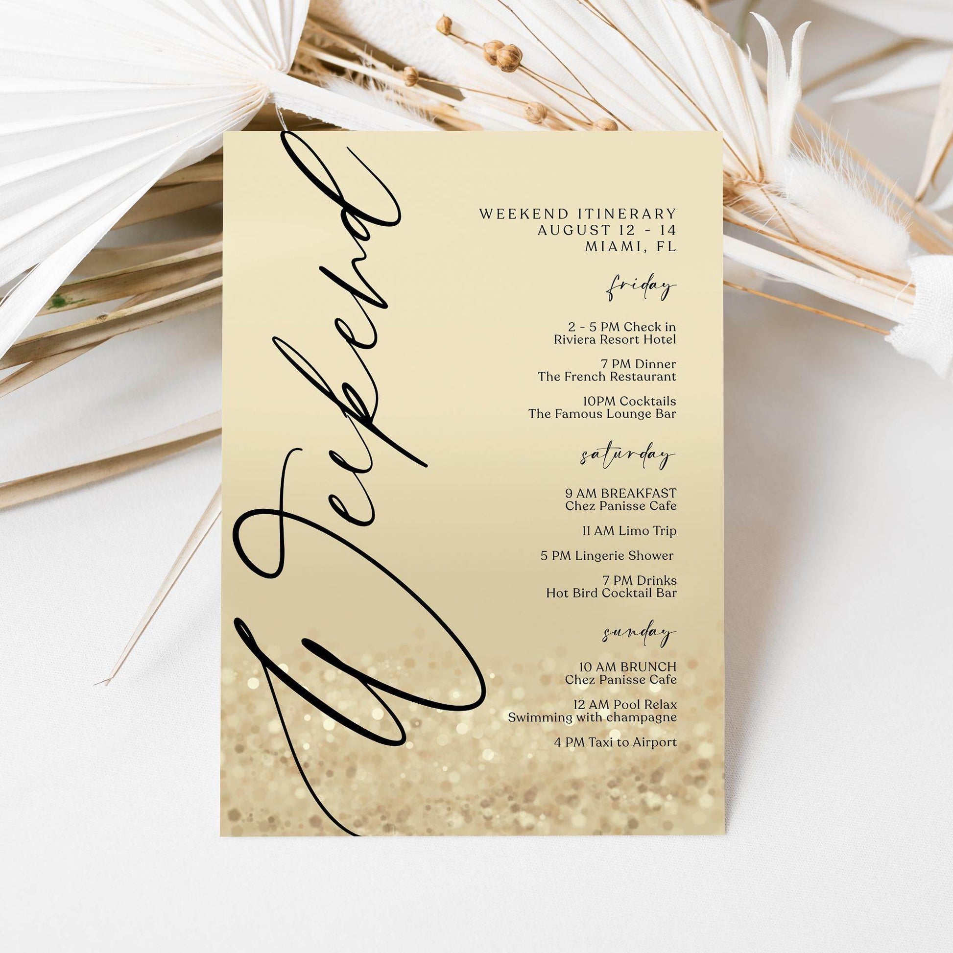 Weekend Itinerary Template – Editable Gold Birthday or Bachelorette Weekend Schedule | Printable Hen Party Itinerary | Text Message Digital Download