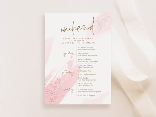Printable Pink Simple Weekend Itinerary Template, Editable Hens Party Weekend Itinerary, Bachelorette, Minimalist Birthday Weekend Itinerary