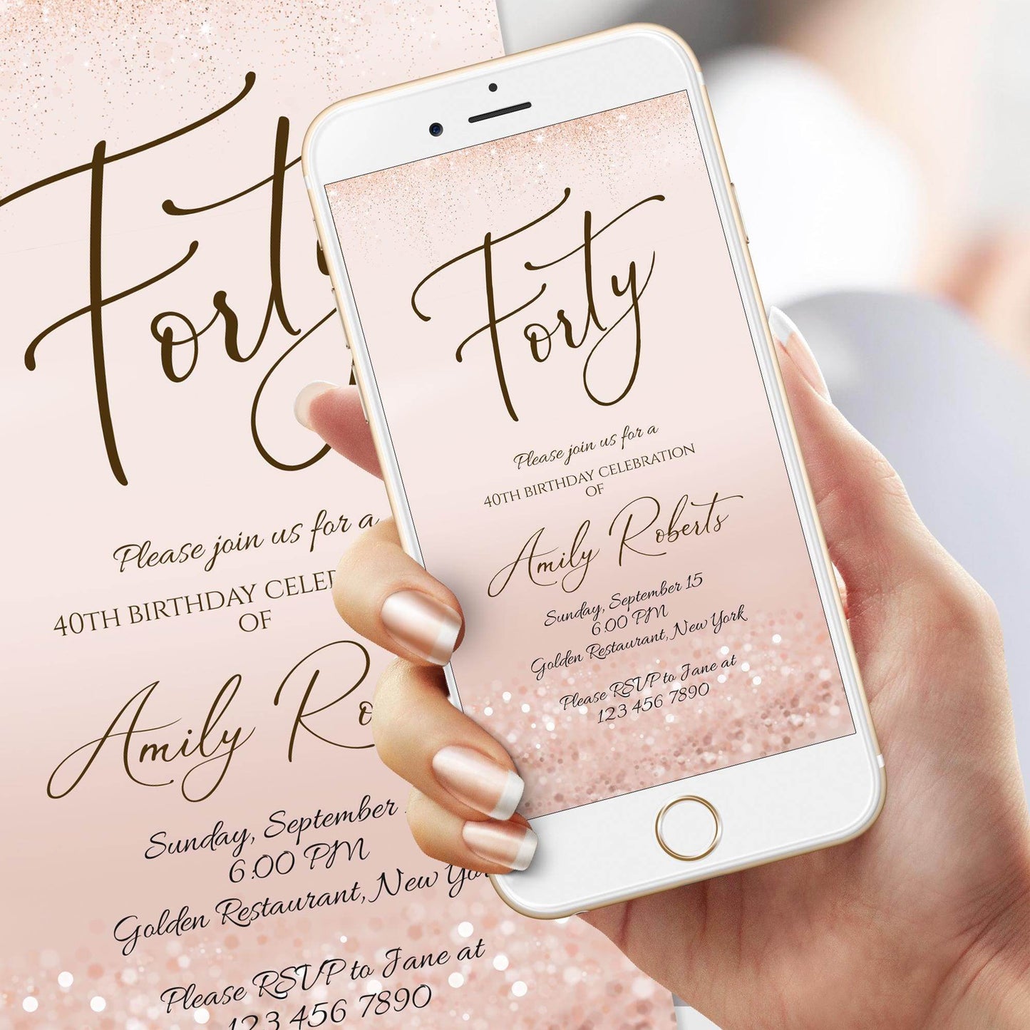 Electronic Forty 40th Birthday Evite Text Invitation Template, Rose Gold Editable Digital Invite, Mobile Birthday Party Invitation Download
