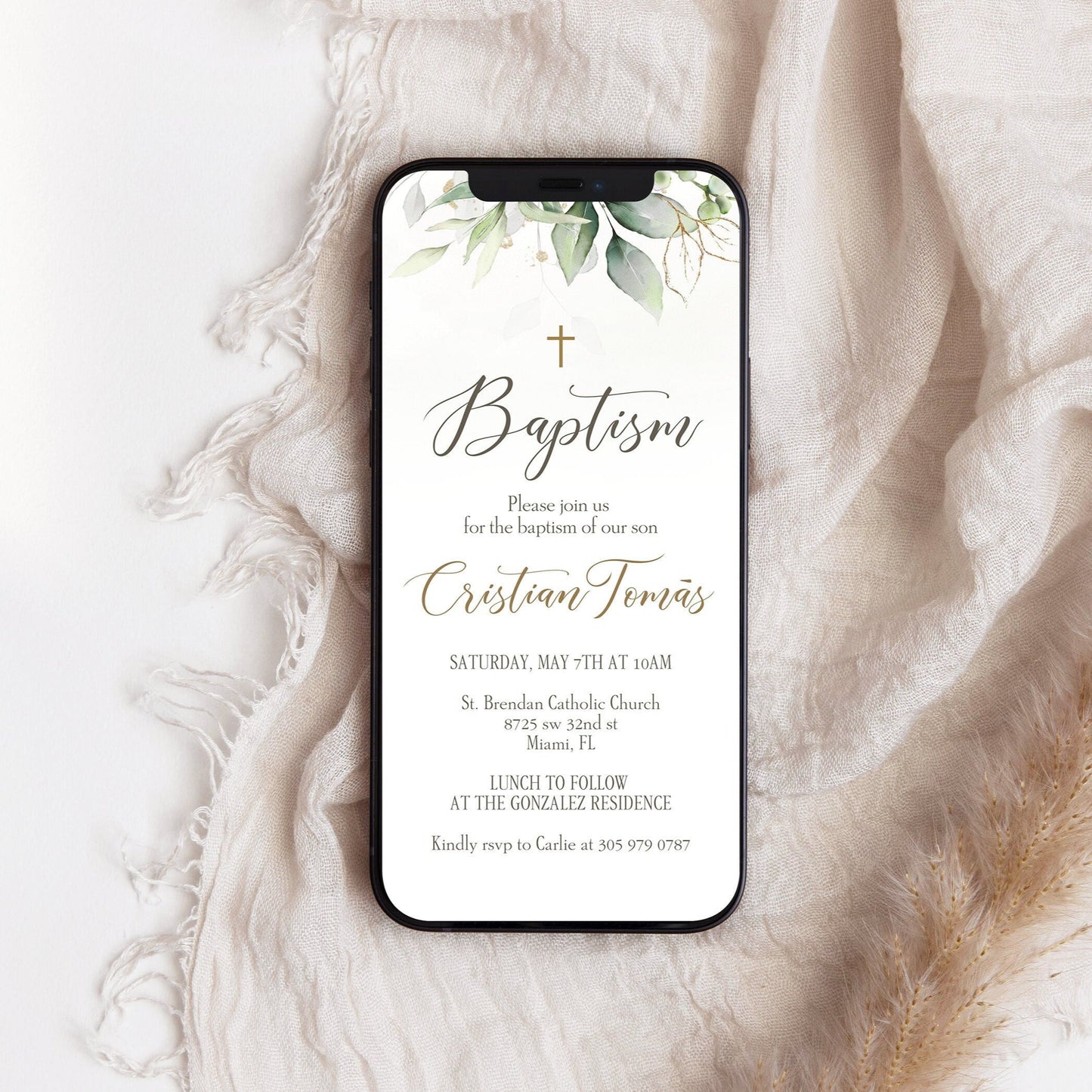 Electronic Baptism Invitation Template – Editable Greenery Watercolor Digital Invite – DIY Phone Baptism Invitation – Instant Download
