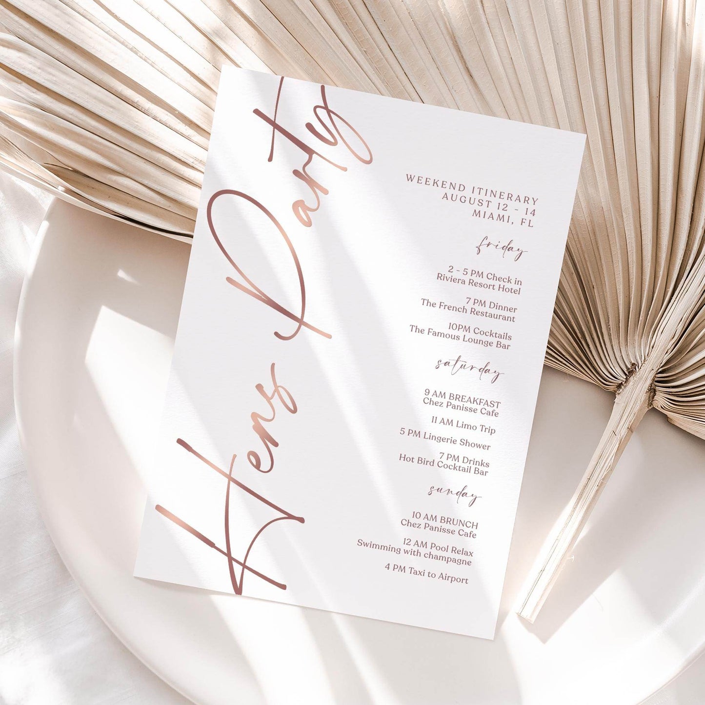Editable Rose Gold Hens Party Weekend Itinerary Template – Printable Bachelorette Weekend Details Card | Digital Itinerary | Instant Download