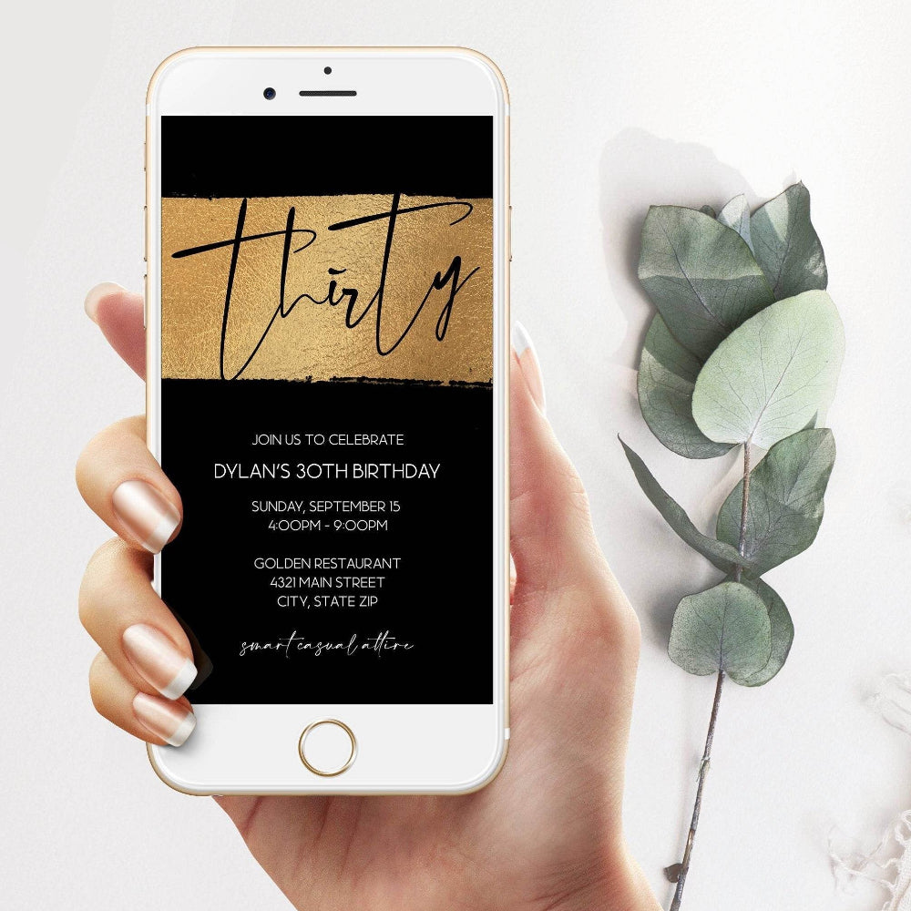 Modern Black Gold Foil 30th Birthday Invitation Template, Editable Men’s Invite, Digital Text Message Evite, Instant Download