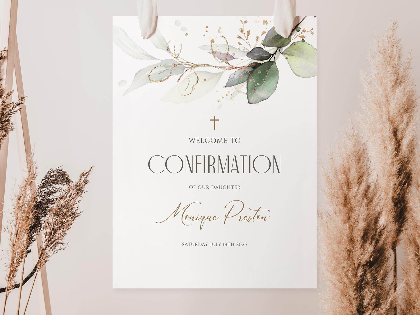 Editable Confirmation Welcome Sign Template – Greenery Eucalyptus Leaves – Printable Confirmation Poster for Boy or Girl – Digital Download
