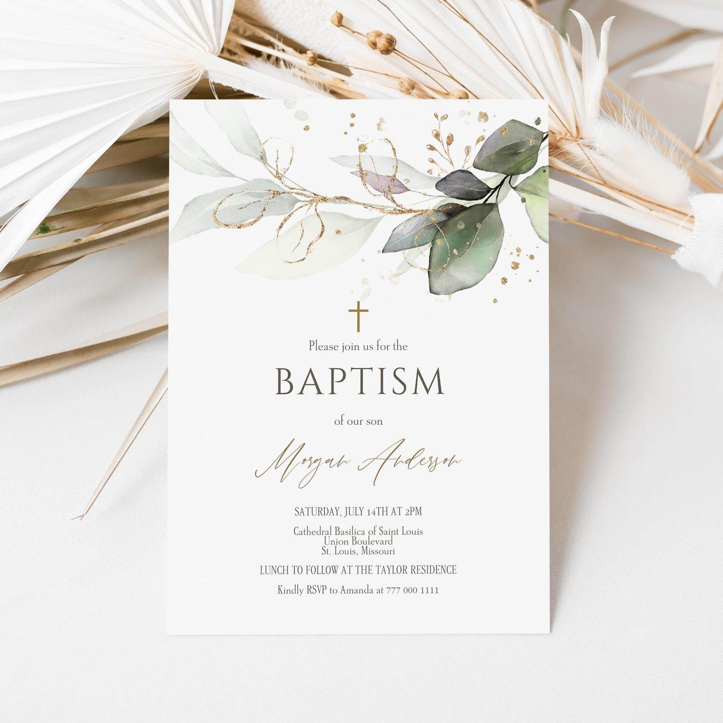 Baptism Invitation Template – Editable Greenery Christening Invite | Eucalyptus & Gold Leaves | Boy or Girl Printable Digital Download