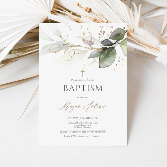 Baptism Invitation Template – Editable Greenery Christening Invite | Eucalyptus & Gold Leaves | Boy or Girl Printable Digital Download