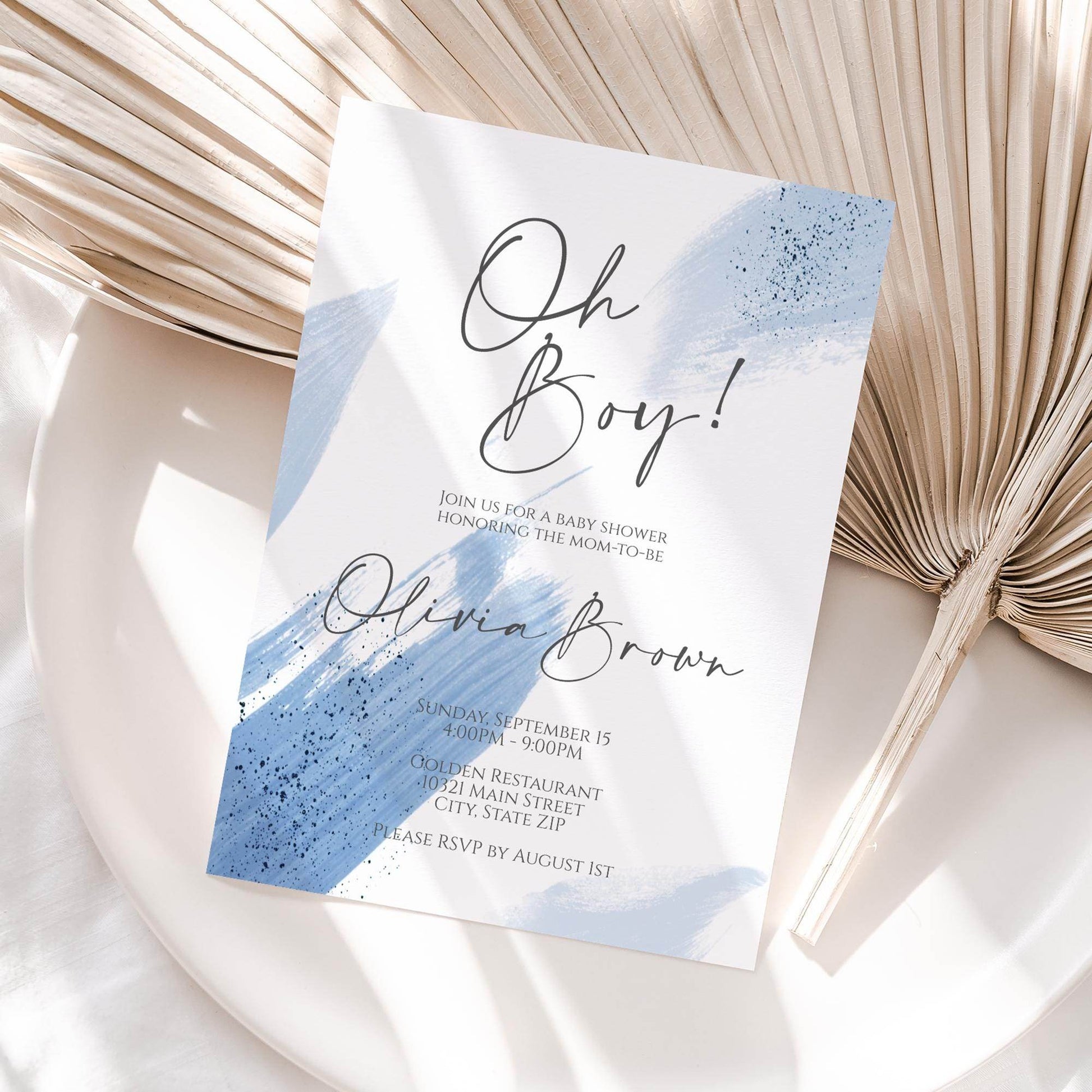 Oh Boy Baby Shower Invitation Template – Printable Blue Watercolor Baby Shower Invite | Editable Boy Baby Shower Template | Instant Download