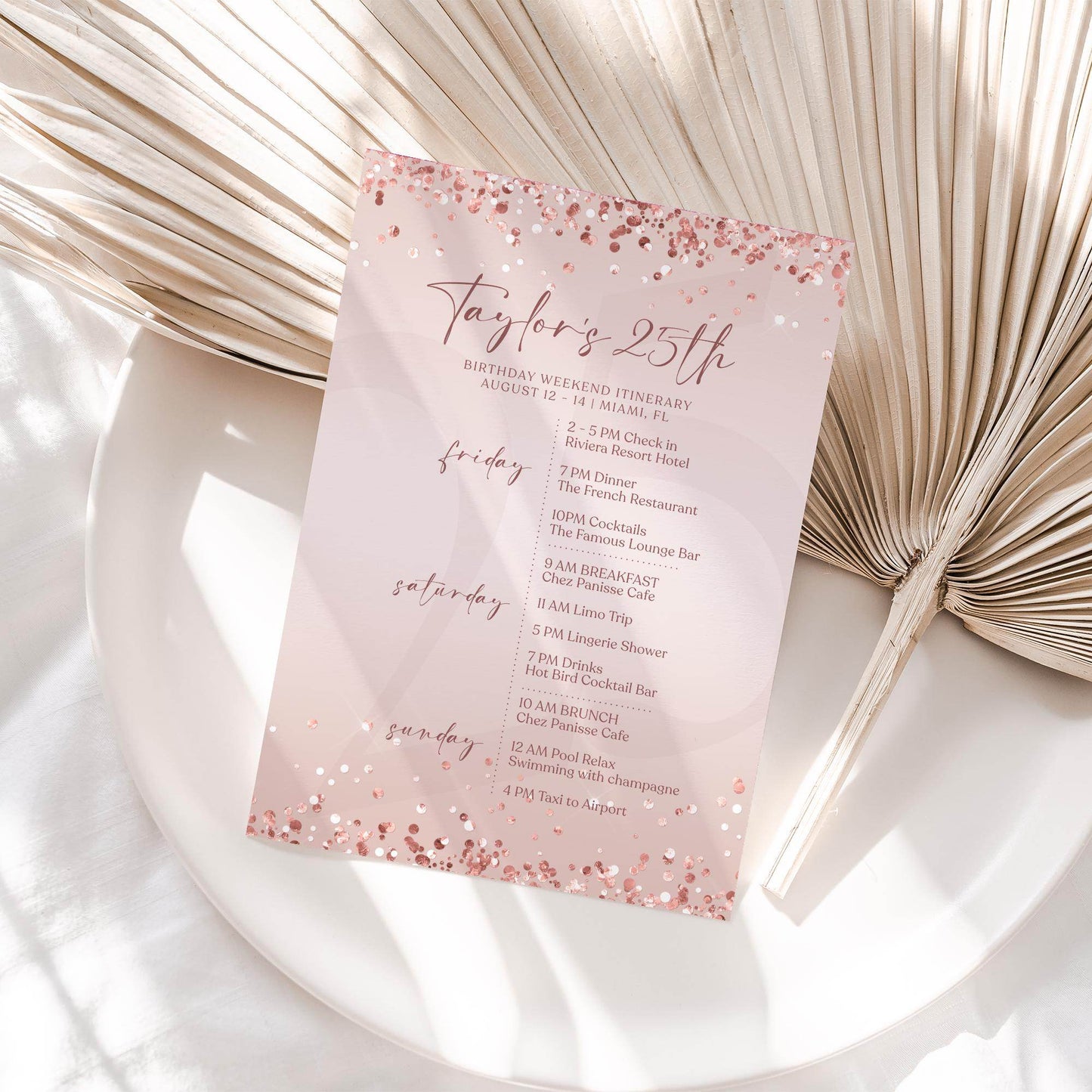Editable Rose Gold Ladies Birthday Itinerary Template, Printable Woman Party Any Age Itinerary, Luxury Weekend Itinerary, Email Text Message