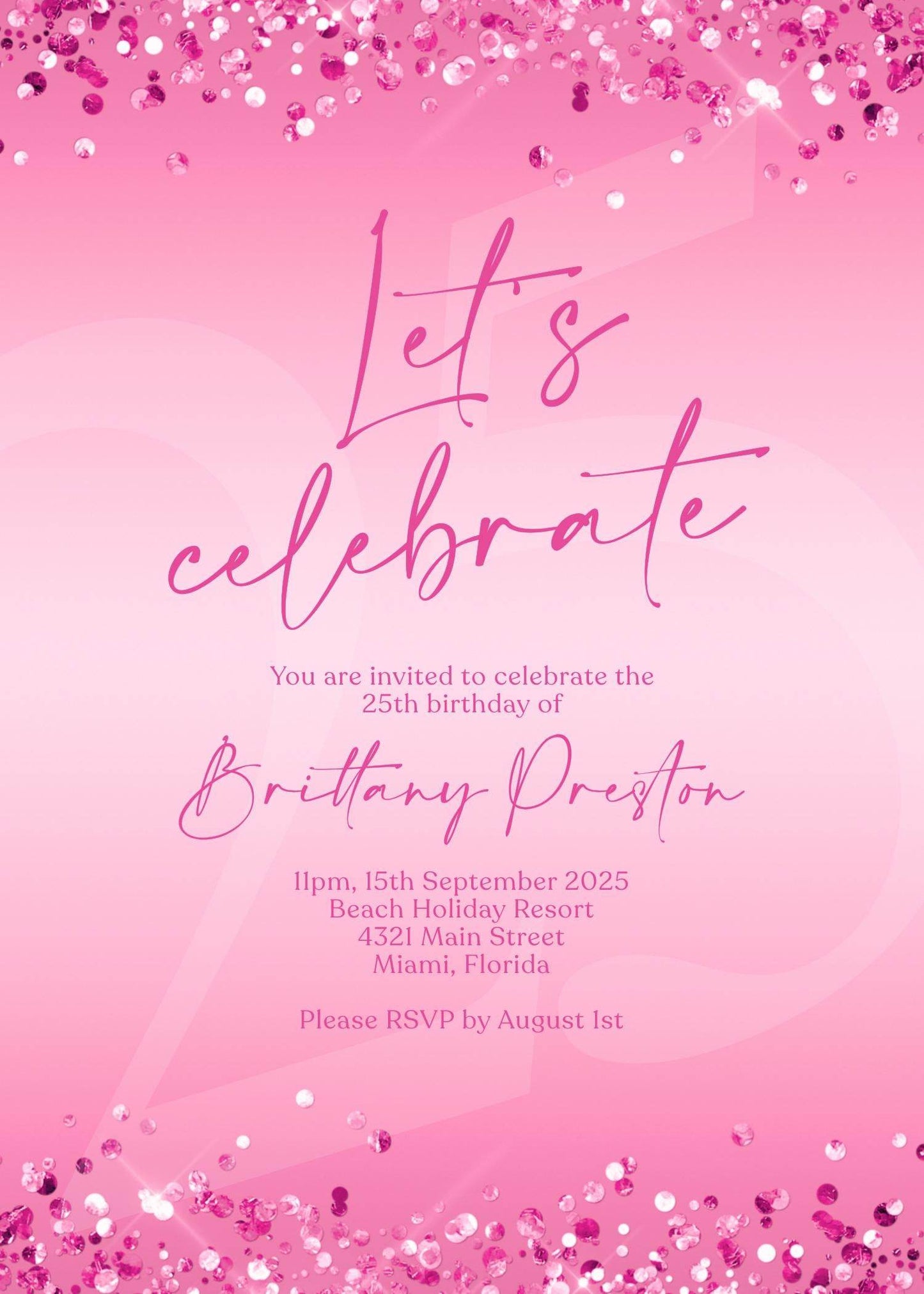 Fuchsia Pink Birthday Invitation Template, Editable Let’s Celebrate Party Evite, Digital Text Message Invite for Women, Any Age, Instant Download