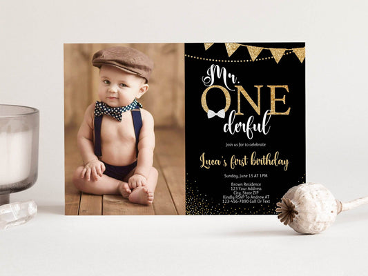 Mr. ONEderful First Birthday Invitation with Photo, Editable Boy 1st Birthday Template, One Year Old Invite, Instant Download Digital File