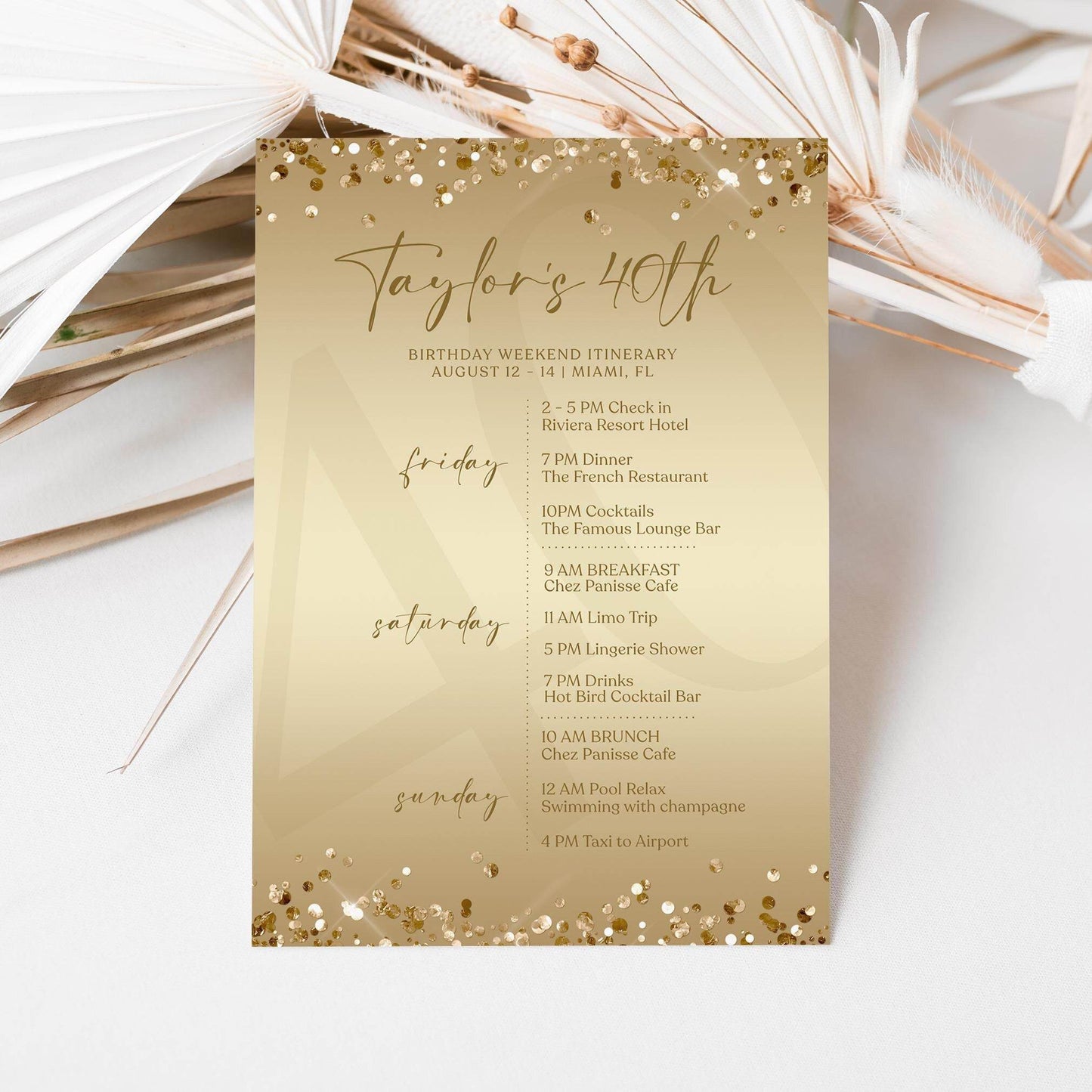 Editable Gold 40th Forty Birthday Itinerary Template, Printable Luxury Weekend Itinerary, Any Age Birthday Itinerary, Email Text Message