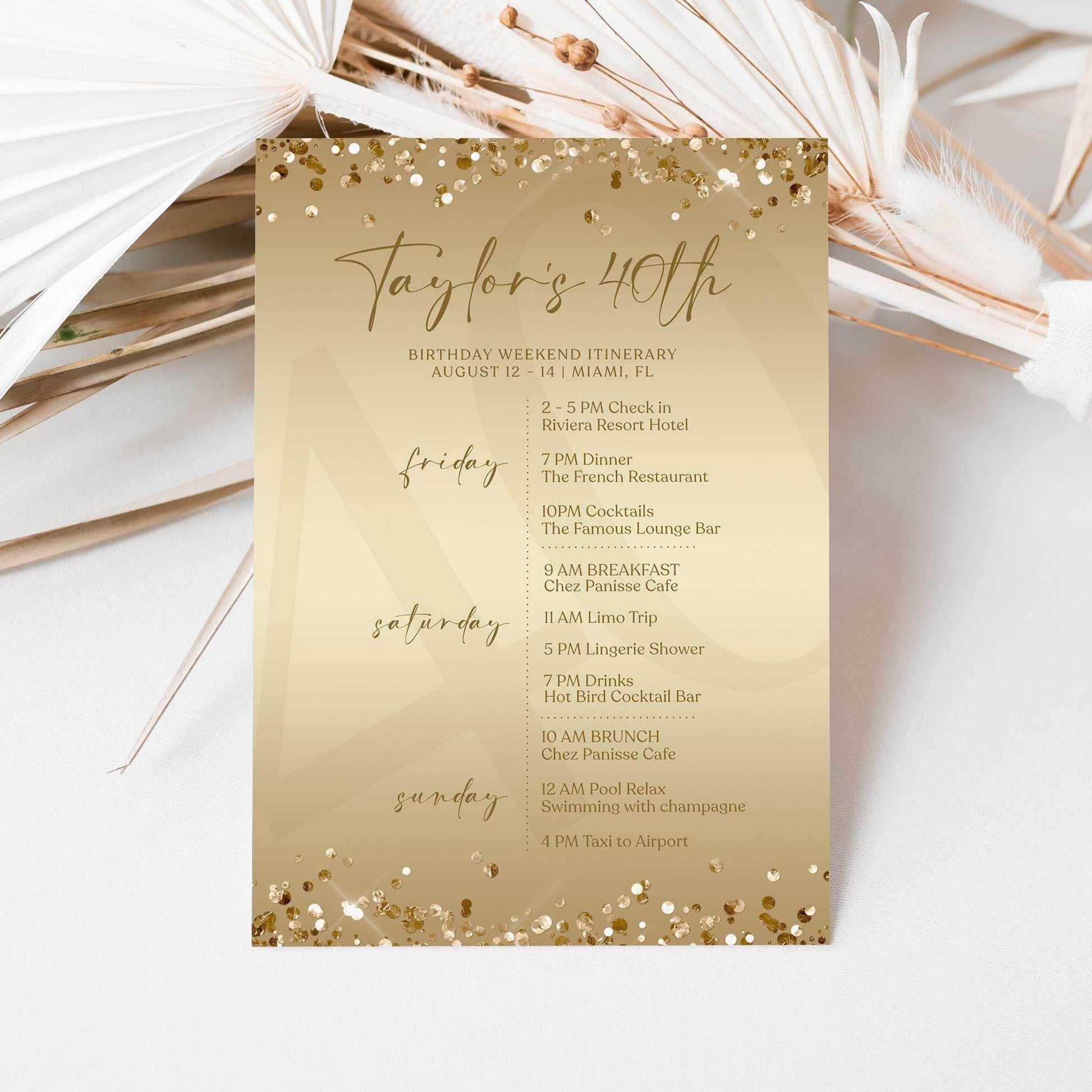 Editable Gold 40th Forty Birthday Itinerary Template, Printable Luxury Weekend Itinerary, Any Age Birthday Itinerary, Email Text Message