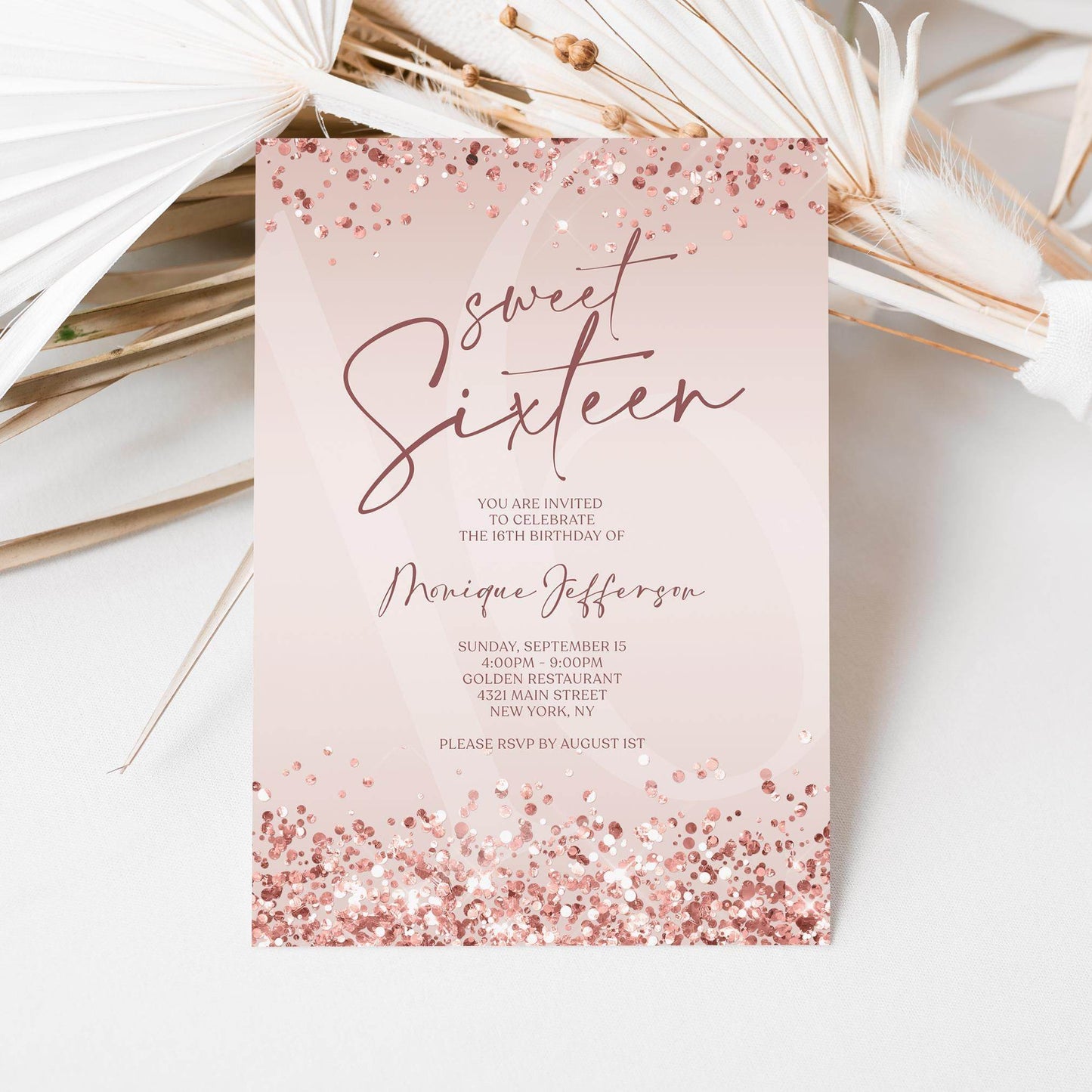 Sweet Sixteen Invitation Template Printable, Pink Rose Gold Confetti 16th Birthday Invite, Editable Girl Party Evite, Text Message Download