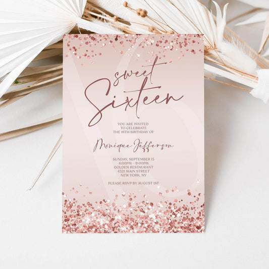 Sweet Sixteen Invitation Template Printable, Pink Rose Gold Confetti 16th Birthday Invite, Editable Girl Party Evite, Text Message Download