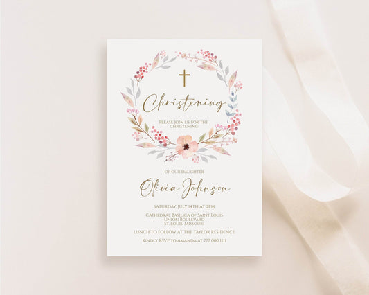Boho Christening Invitation, Editable Baptism Floral Girl Invitation Template, Printable Christening Invite First Communion Instant Download