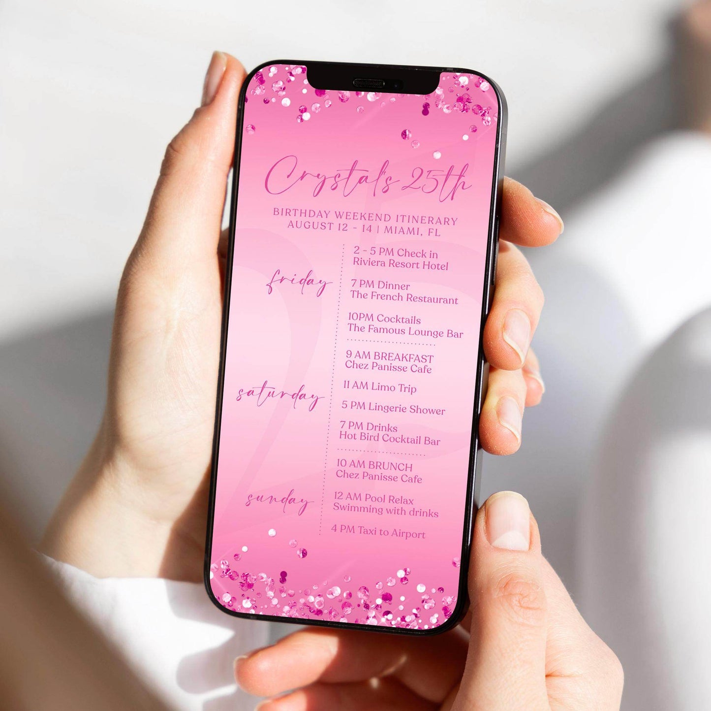 Electronic Pink Birthday Weekend Itinerary Template – Editable Fuchsia Event Schedule | Digital Birthday Itinerary Evite | Text Message Invite | Instant Download