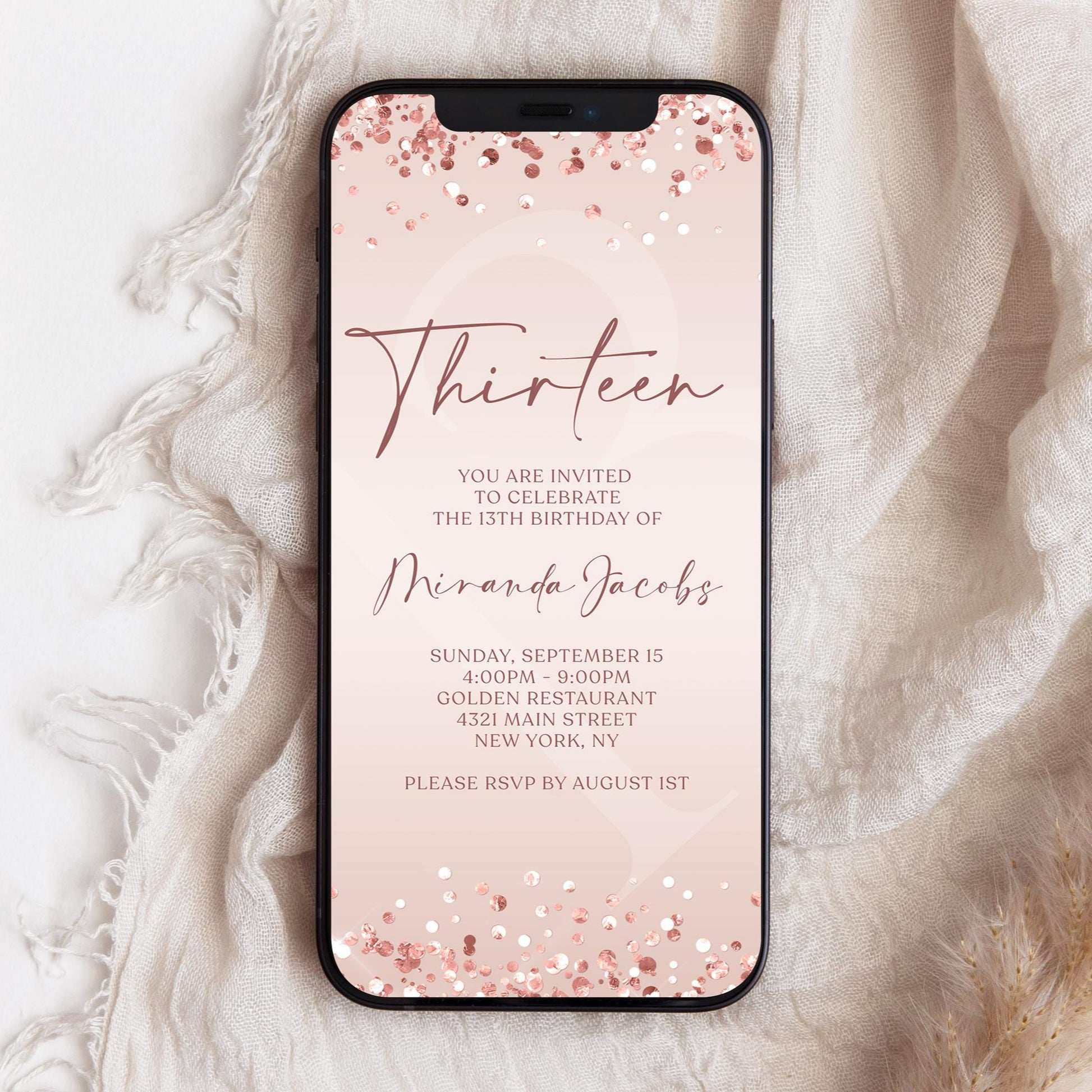 13th Birthday Pink Invitation | Digital Rose Gold Confetti Party Invite | Editable Teen Birthday Evite Template | Text Message Instant Download