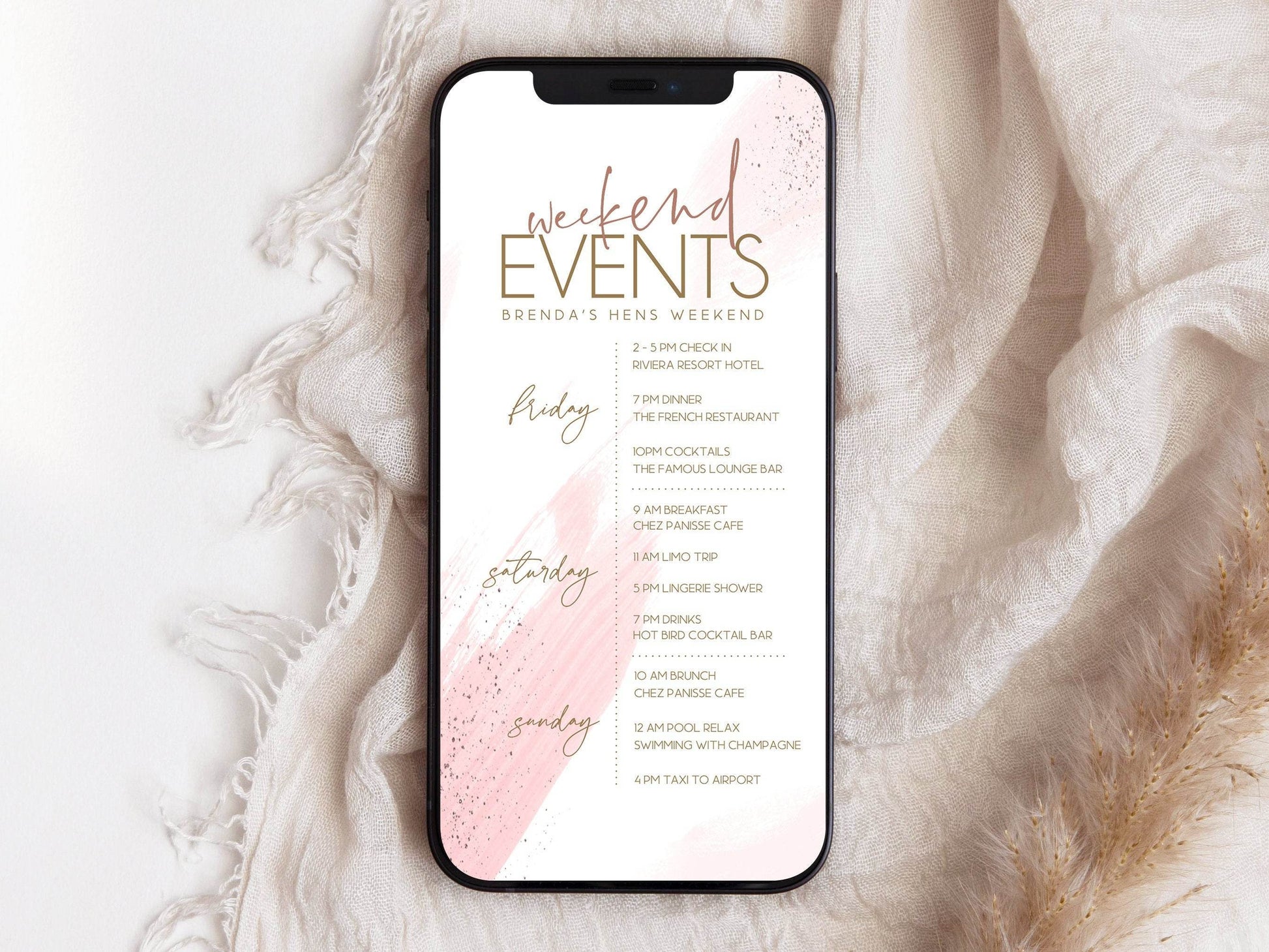 Blush Pink Hens Weekend Itinerary Template, Digital Bachelorette Schedule, Editable Events Evite, Text Message Invite, Instant Download