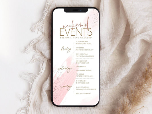 Blush Pink Hens Weekend Itinerary Template, Digital Bachelorette Schedule, Editable Events Evite, Text Message Invite, Instant Download