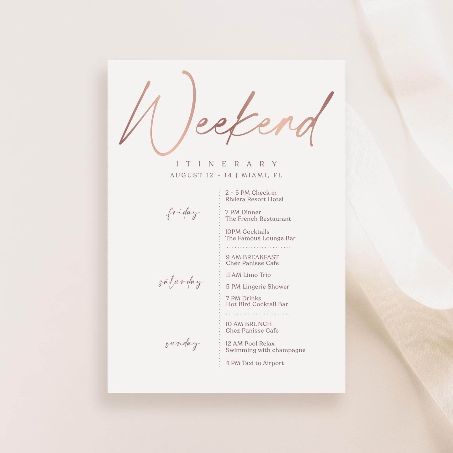 Printable Rose Gold Weekend Itinerary Template – Editable Birthday, Anniversary, or Hen Party Schedule | Elegant Event Planner | Instant Download