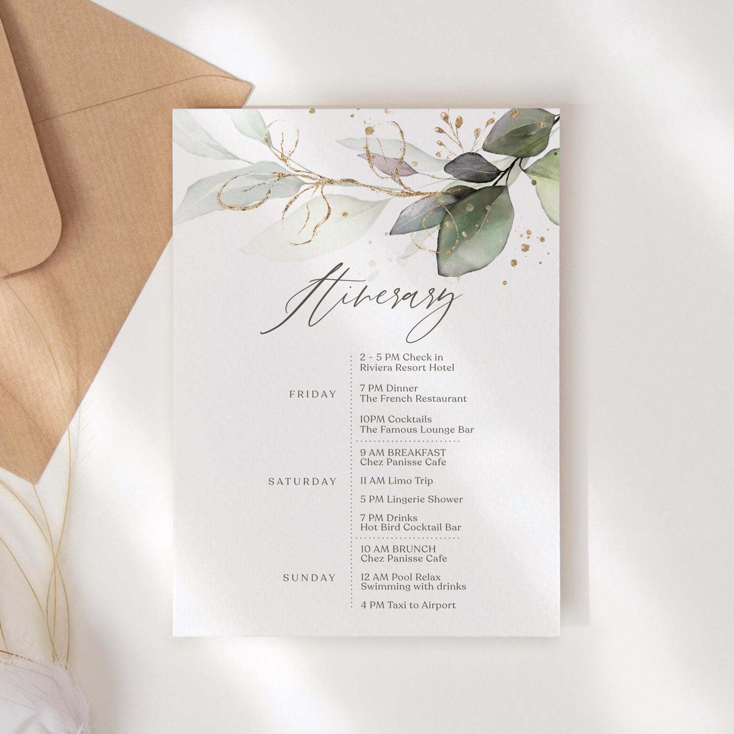 Editable Weekend Itinerary Card Template, Birthday Weekend, Printable Weekend Itinerary, Hens Weekend, Bachelorette, Greenery Eucalyptus