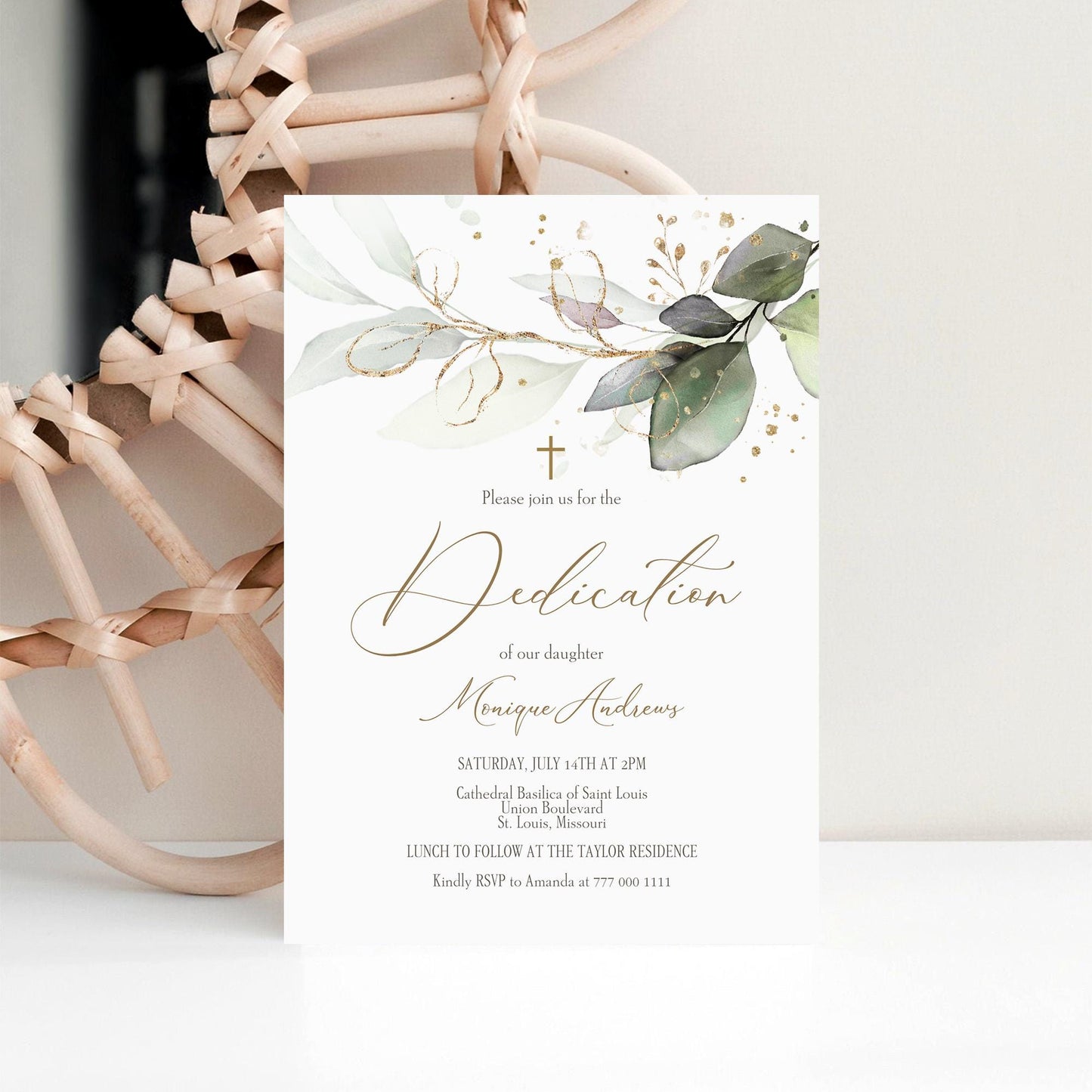 Editable Dedication Invitation Card Template, Printable Greenery Dedication Invite, Boy Girl Baptism Invitation, Digital Template Download