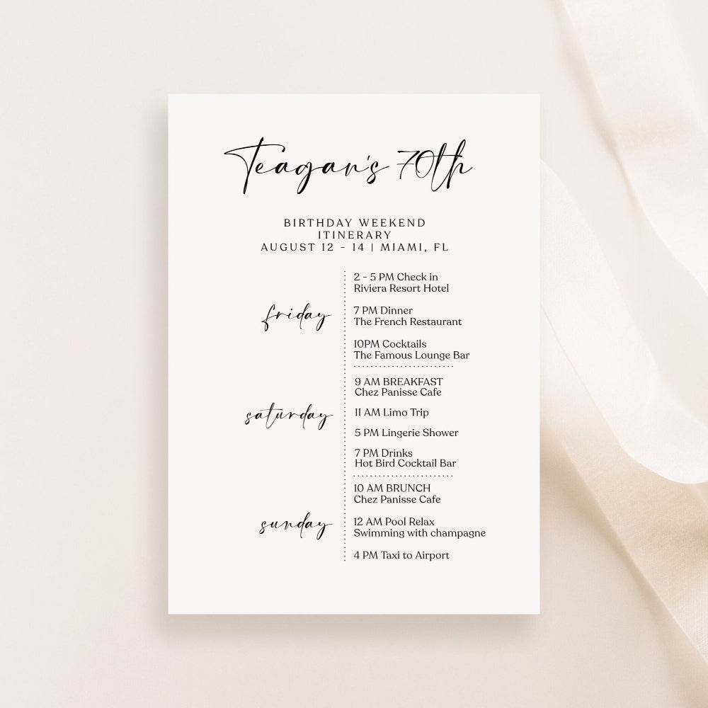 Editable Simple 70th Birthday Itinerary Template – Minimalist Weekend Schedule | Printable Modern Birthday Weekend Invitation | Any Age Digital Download