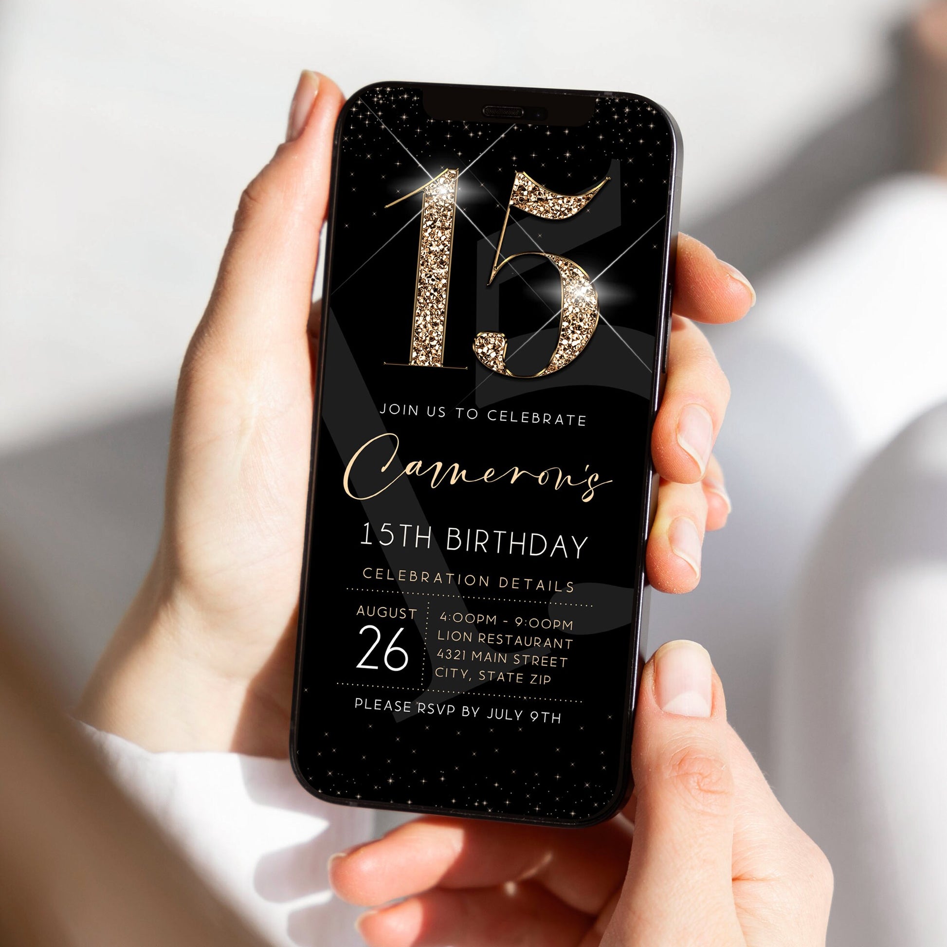 Luxury Digital 15th Fifteen Birthday Evite Invitation Template, Electronic Black Gold Modern Invite, Email Text Message Evite, Phone Invite