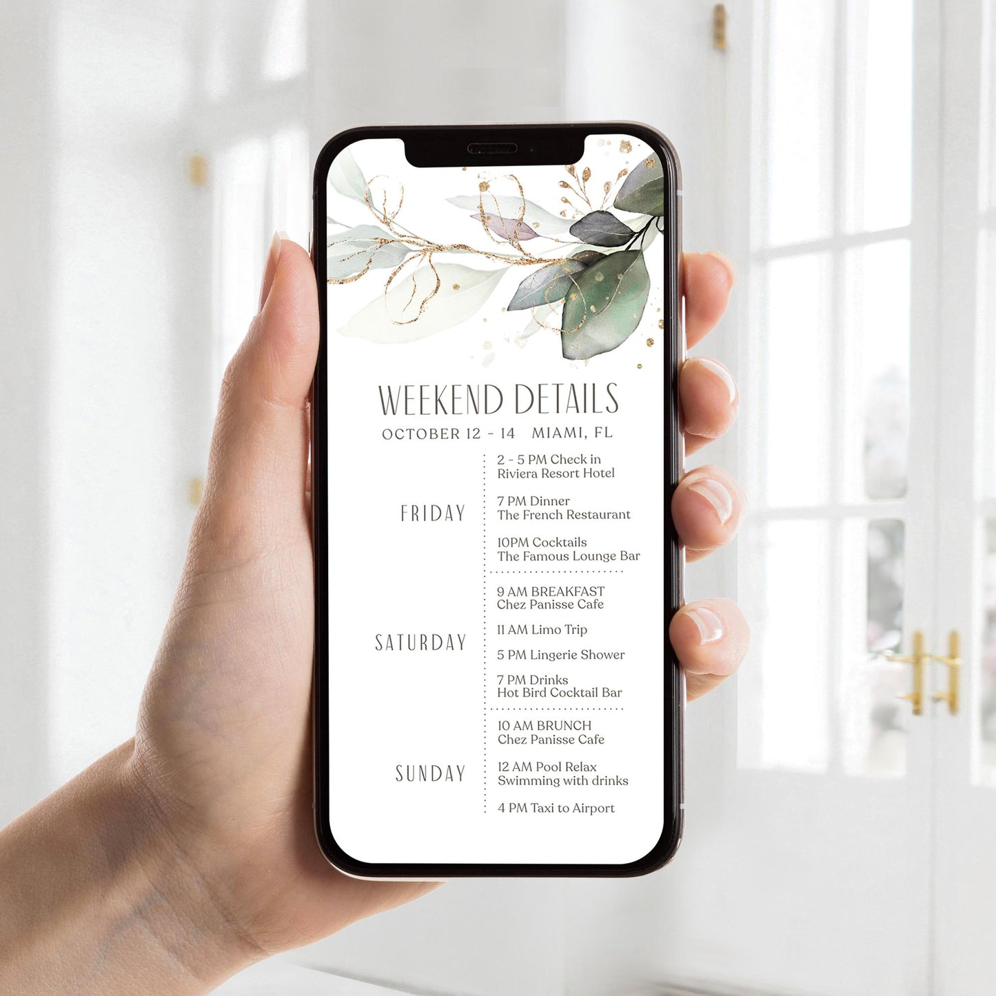 Greenery Electronic Weekend Itinerary Template, Editable Hens Party Weekend Details, Bachelorette, Simple Birthday Weekend, Modern Itinerary