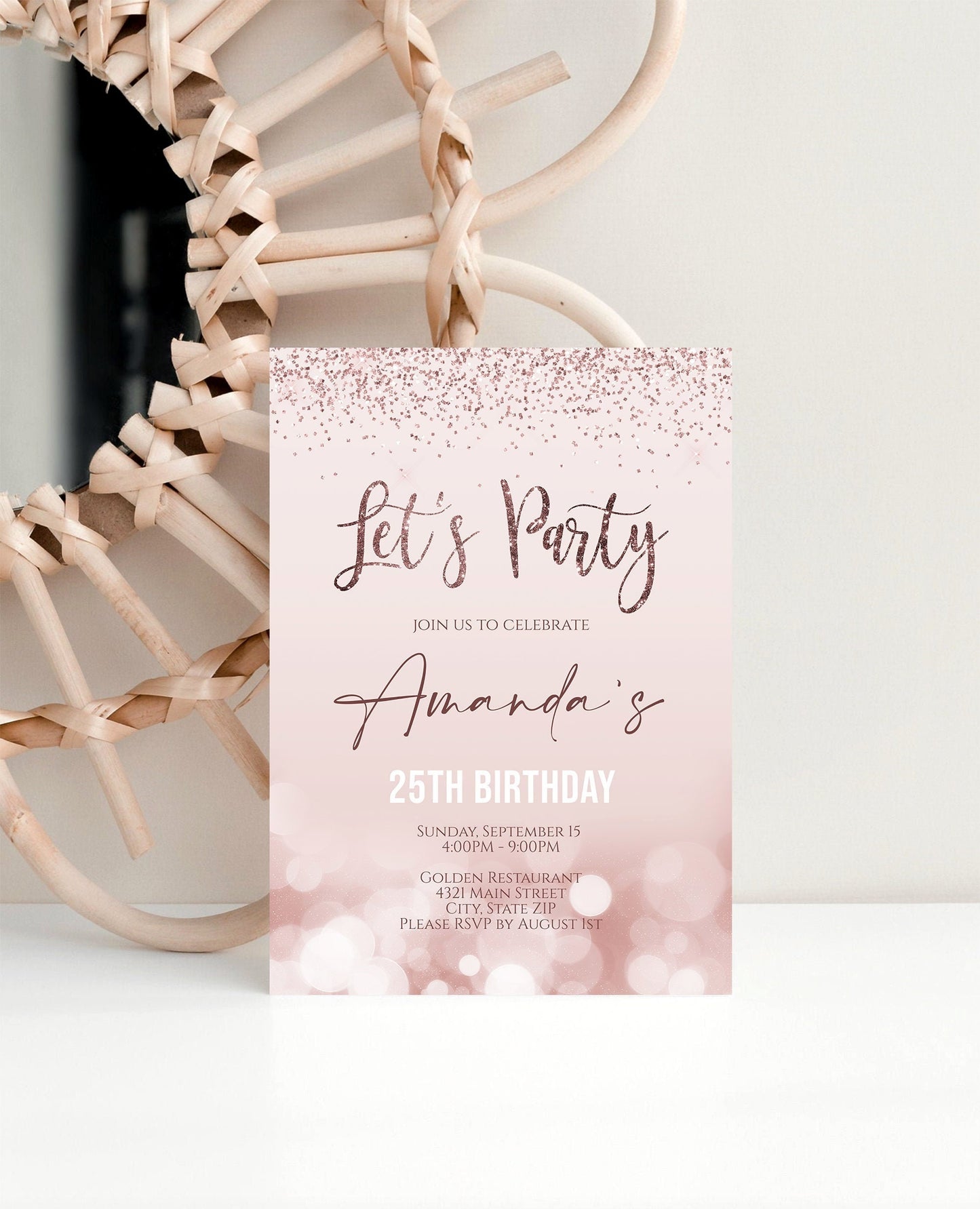 Editable Let's Party Invitation Template, Printable 25th Birthday Invite Any Celebration Invitation, Rose Gold Glitter, Instant Download 5x7
