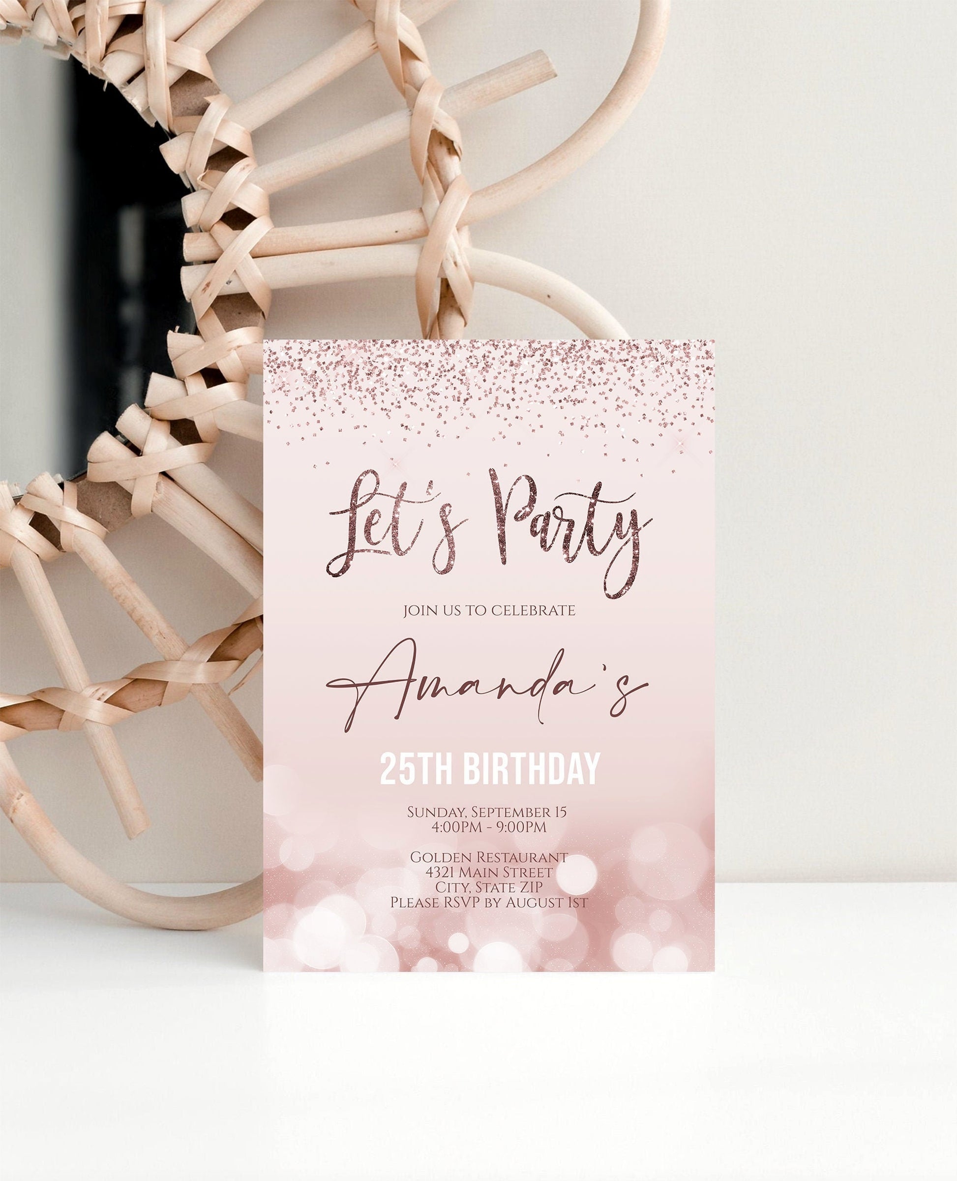 Editable Let's Party Invitation Template, Printable 25th Birthday Invite Any Celebration Invitation, Rose Gold Glitter, Instant Download 5x7
