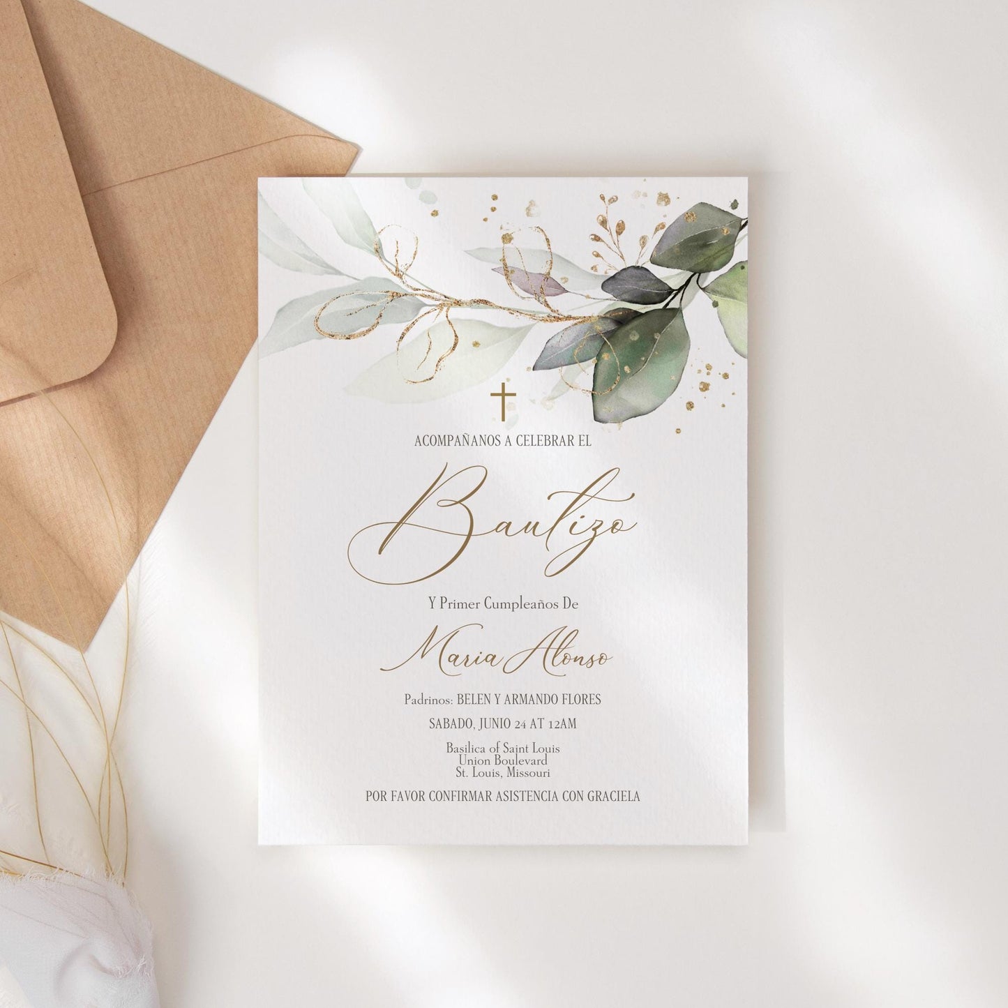 Invitacion de Bautizo, Bautizo Invitations Nino o niña, Invitación en Español, Mi Bautizo Invitation, Greenery Baptism Invitation Template